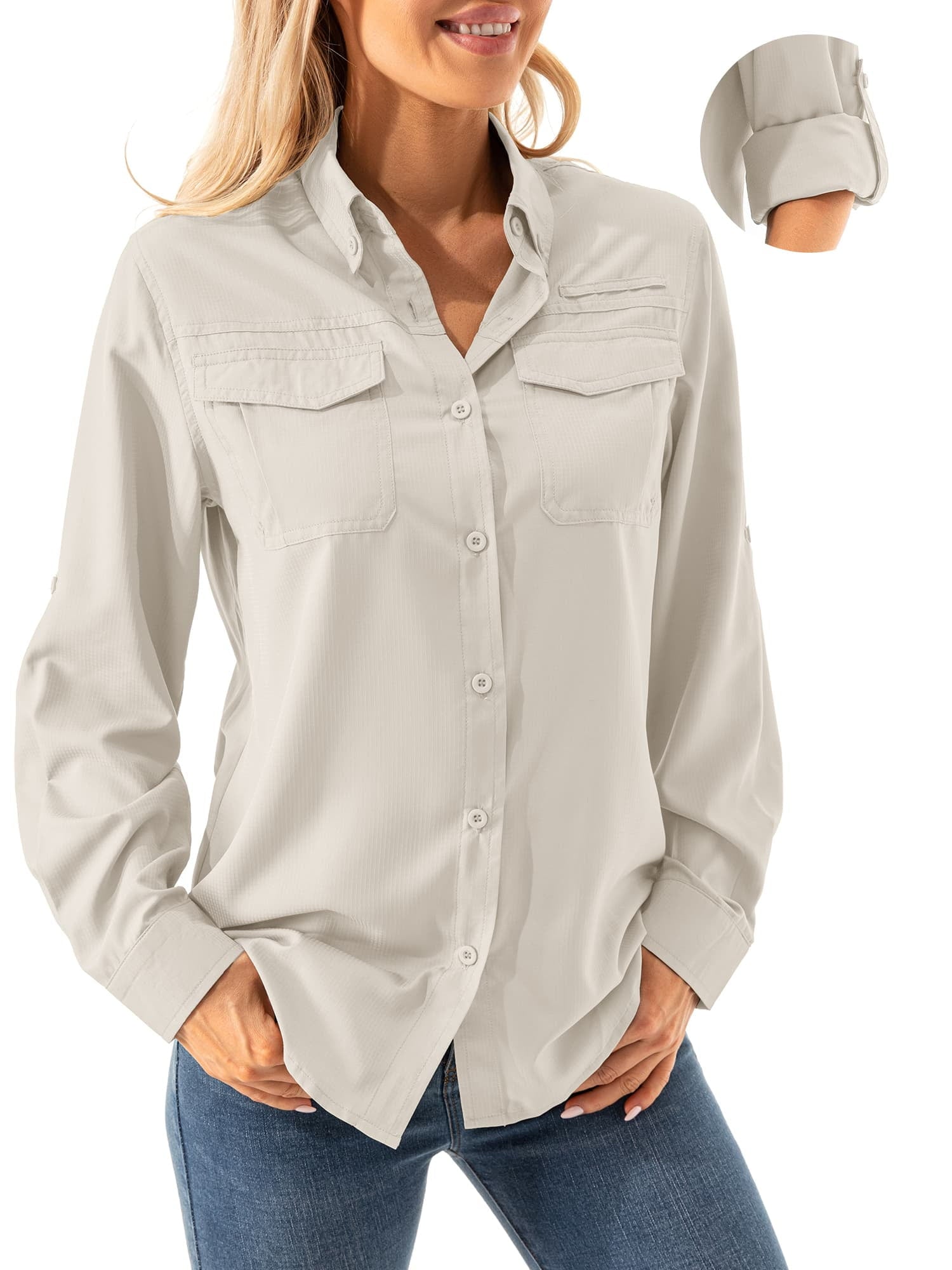 FEN AI Women Button Casual Loose Tops Collared Long Sleeve Solid Color Shirts Summer Fall Outfits with Pockets Army Green