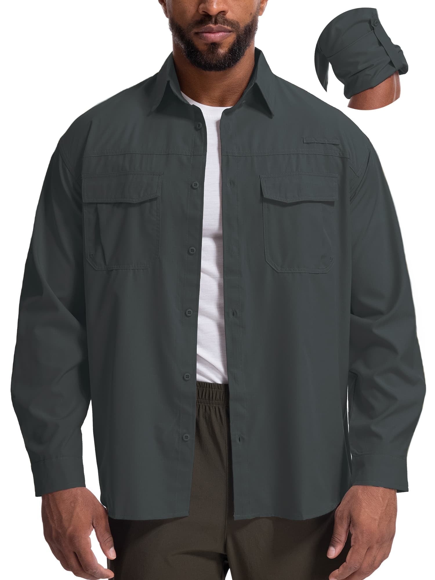FEN AI Mens Button Long Sleeve Shirts for Fall Safari Fishing with 2 Pockets UPF 50+ Sun Shirts Men Casual Tops Khaki