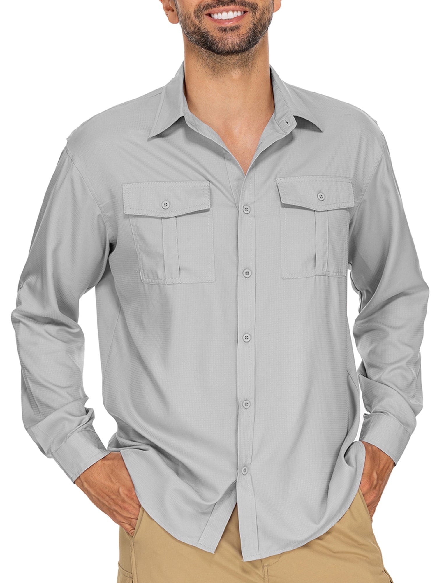 POENTAB Mens Safari Work Shirts Long Sleeve Hiking Fishing Tops UPF 50+ Quick Dry Camping Travel Button Down Shirt with Pockets