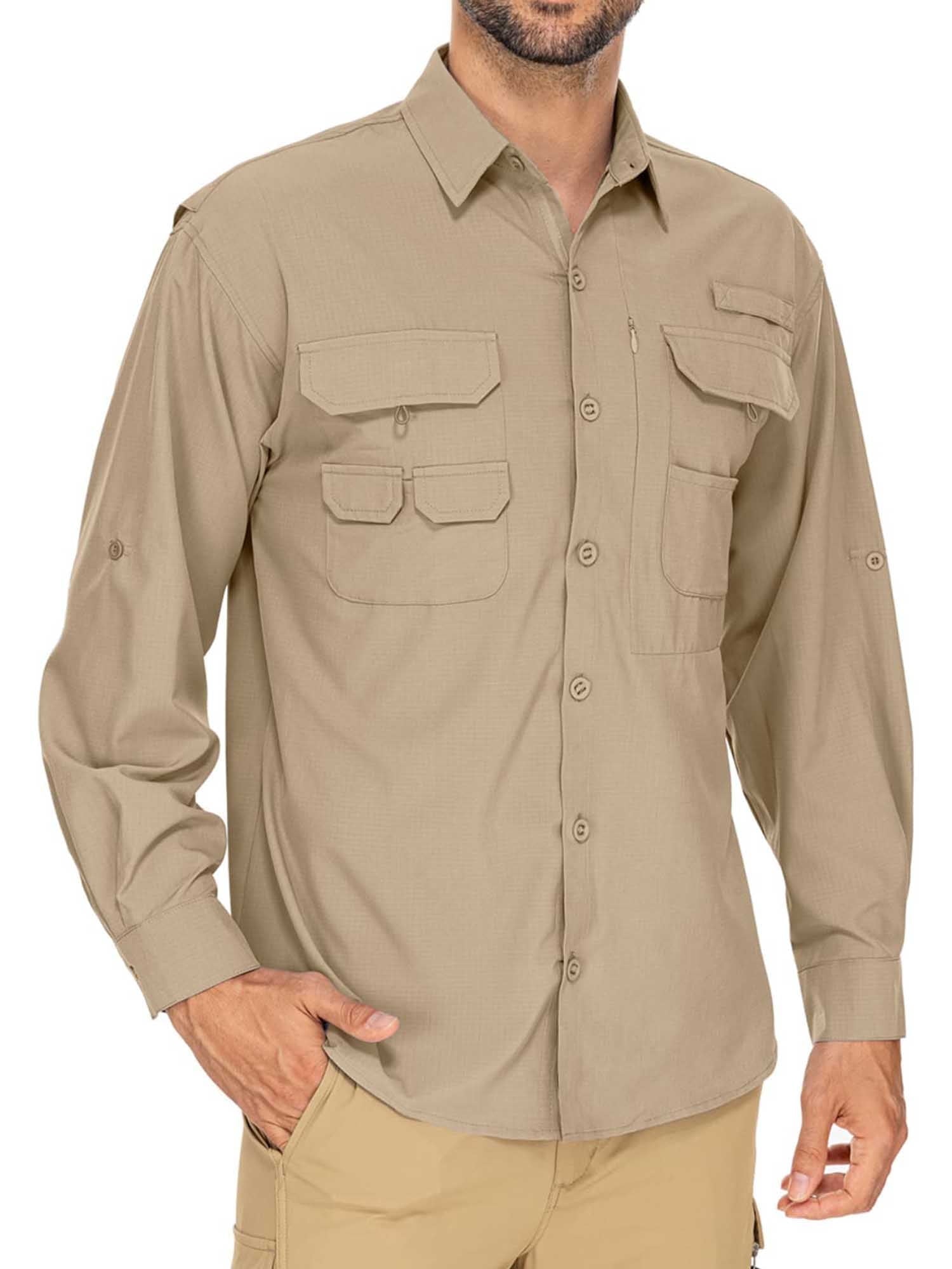 FEN AI Men's Long Sleeve Work Fishing Shirts with Zipper Pockets UPF 50+ Cooling Sun Shirts for Men Hiking Outdoor Button Down Tops Khaki
