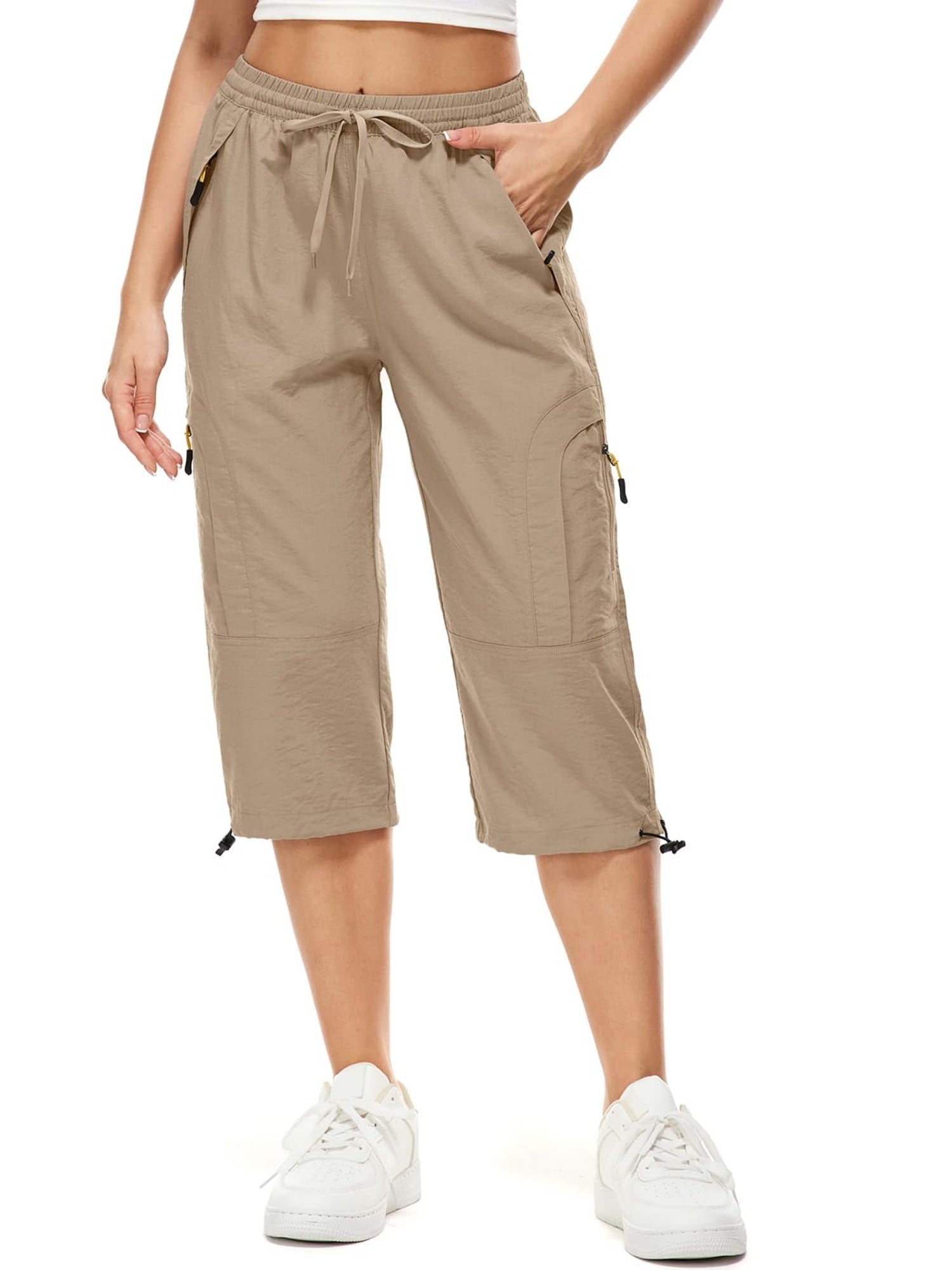 FEN AI Womens Black Cargo Capris Pants with 5 Zipper Pockets Lightweight Quick Dry Travel Hiking Casual Summer Long Shorts for Ladies