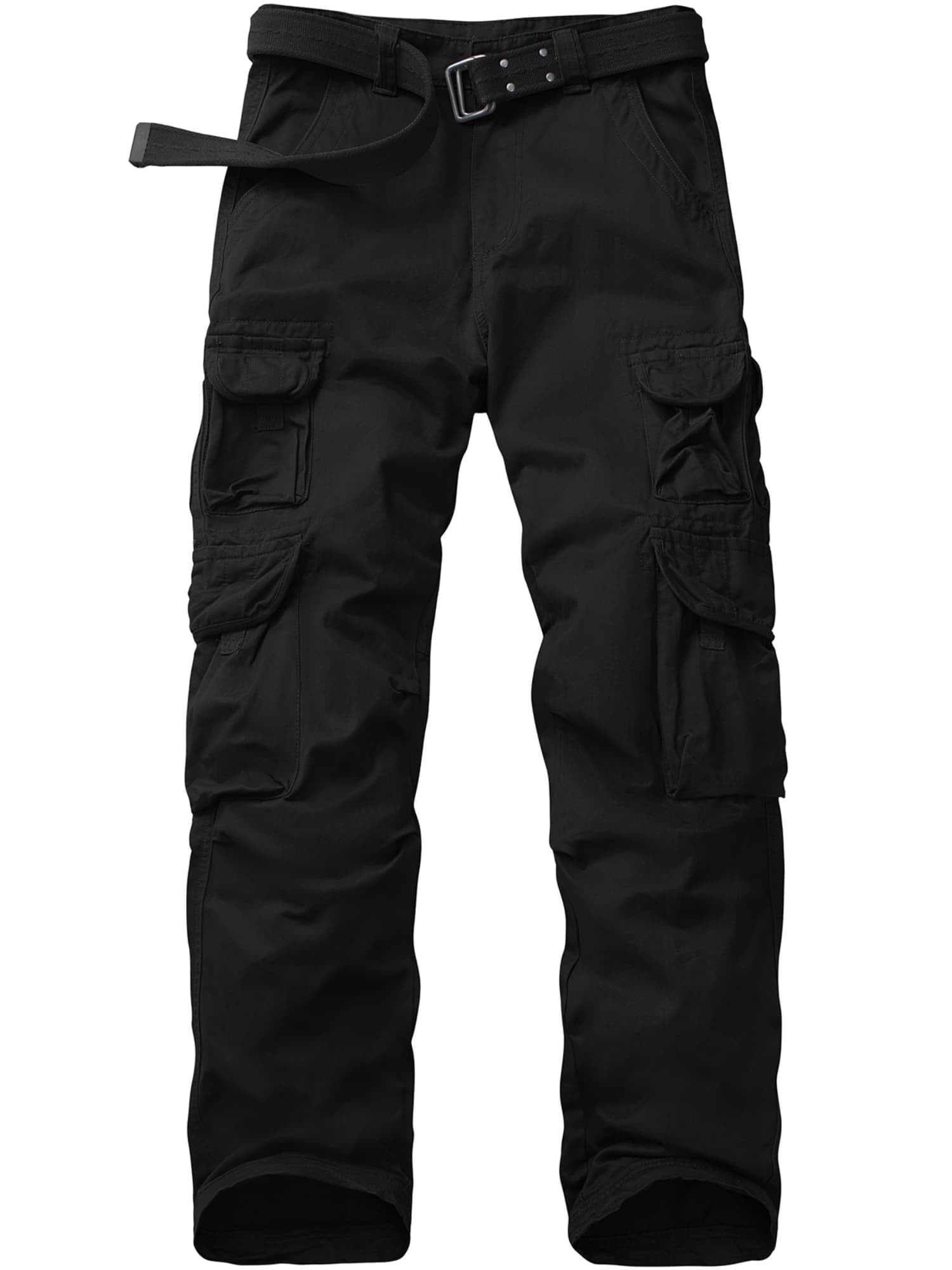 Asfixiado Cargo Pants for Men Black Cotton Pants Casual Travel Hiking Trousers Heavy Duty Workwear with 10 Pockets (No Belt)