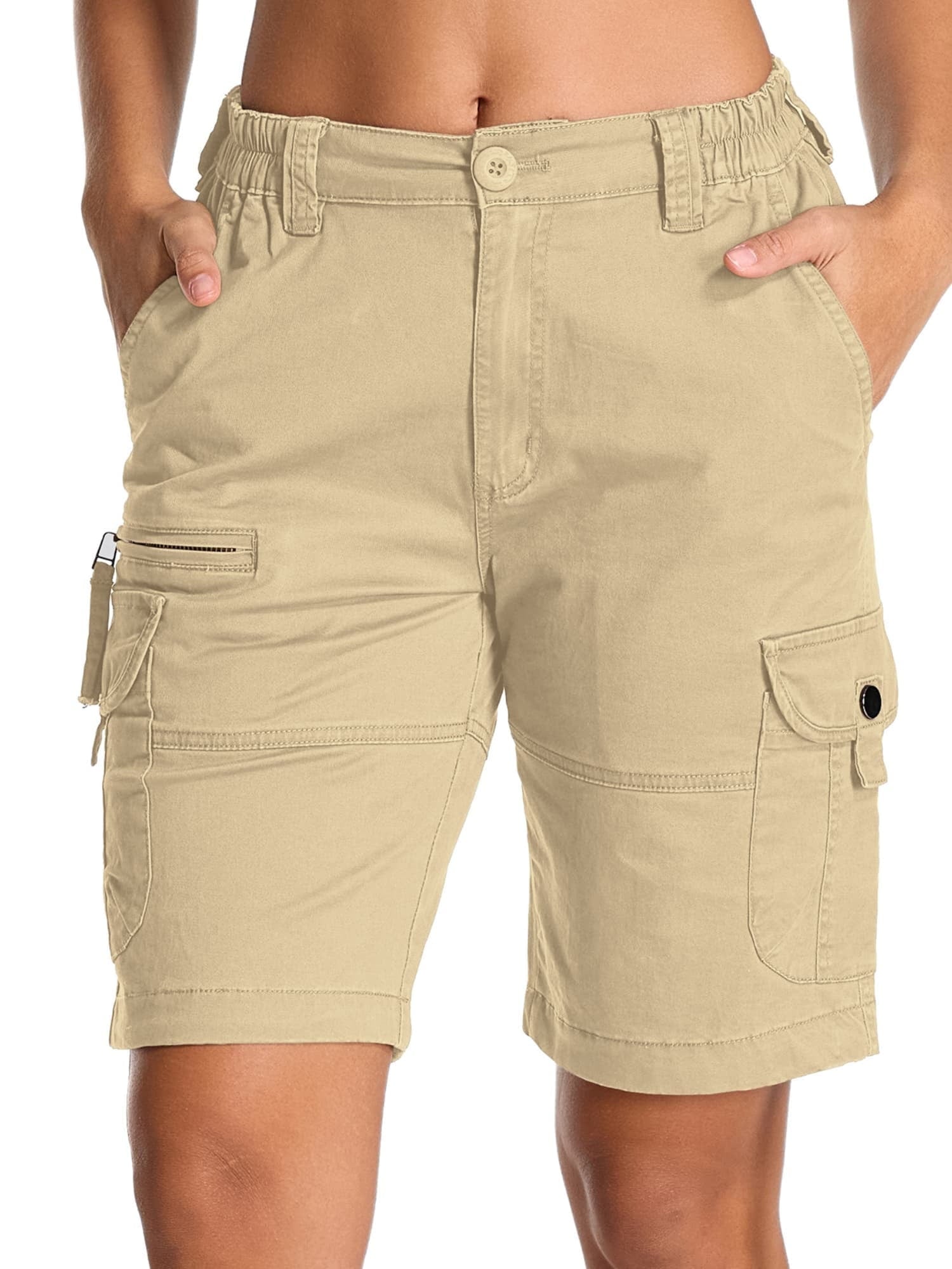 FEN AI Womens Bermuda Cargo Shorts Black with 7 Pockets Elastic High Waist Casual Summer Shorts for Ladies Travel Outdoor Wear