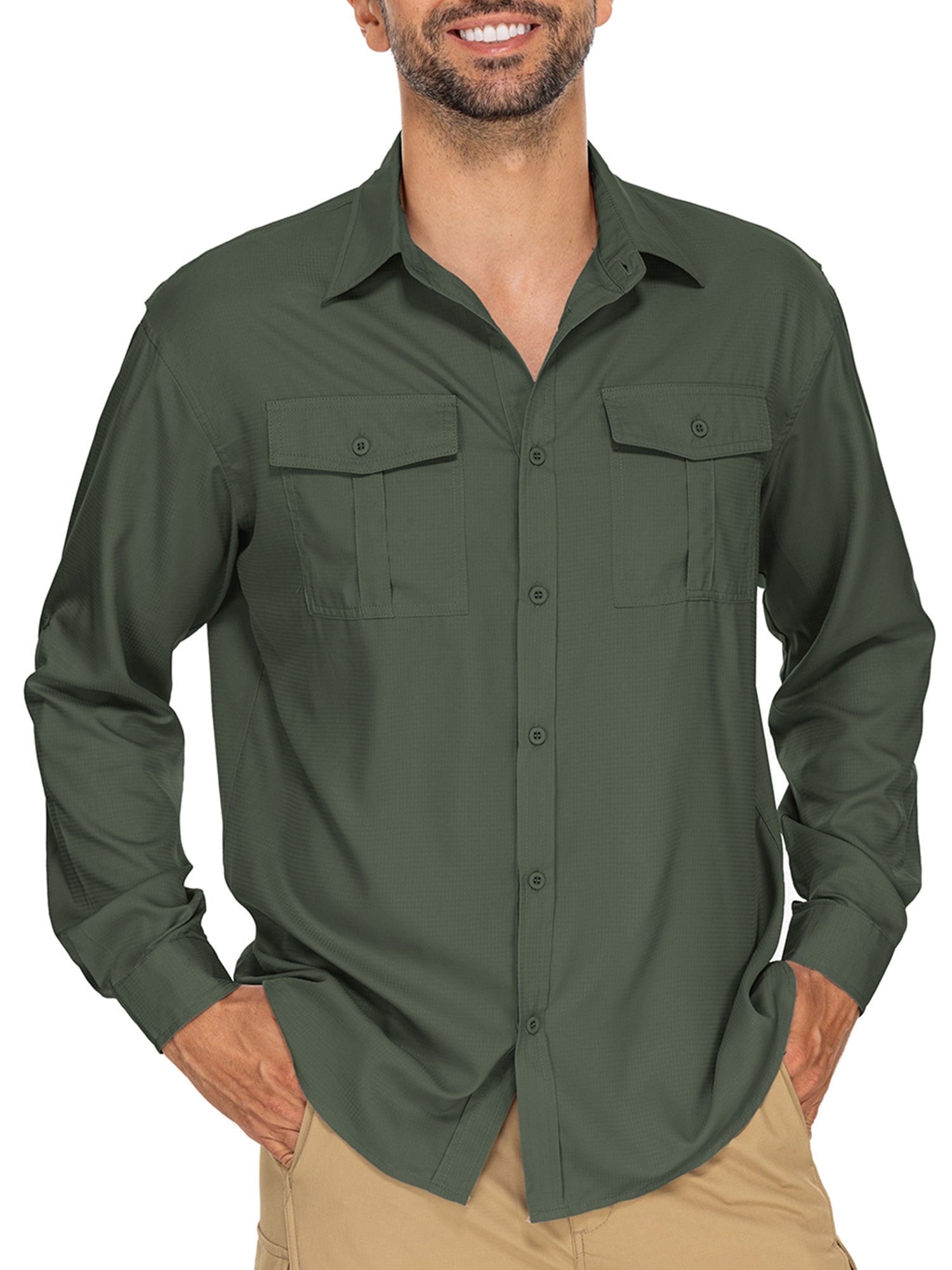 POENTAB Mens Safari Work Shirts Long Sleeve Hiking Fishing Tops UPF 50+ Quick Dry Camping Travel Button Down Shirt with Pockets