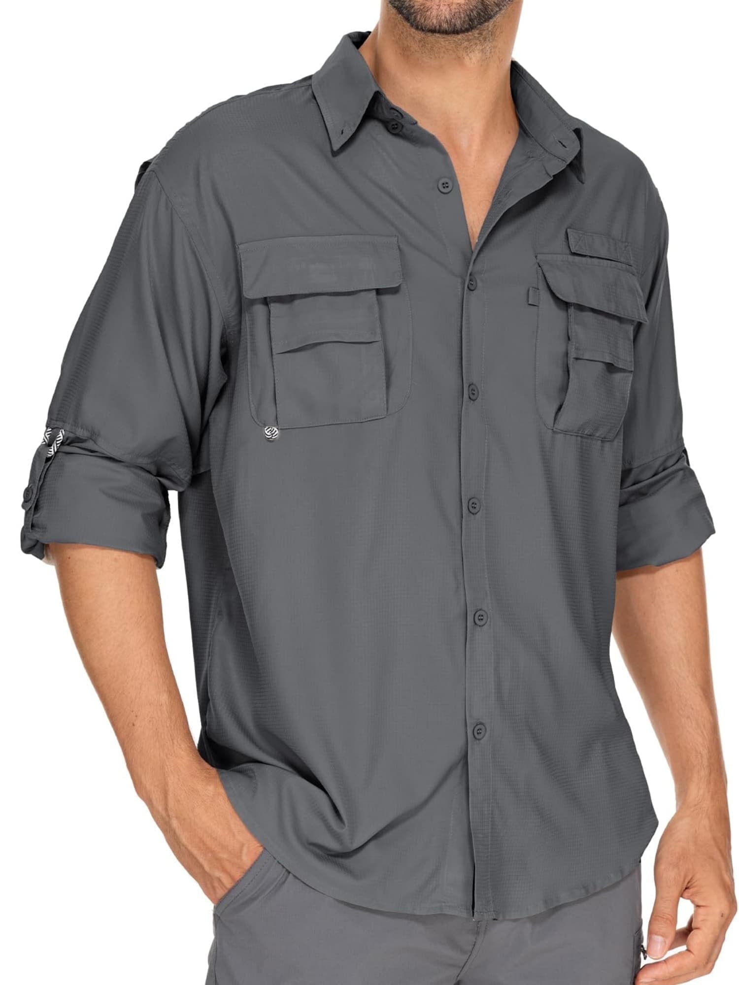 FEN AI Mens Work Shirts Long Sleeve Hiking Fishing UV Shirt Quick Dry Tops Convertible Short Sleeve Shirts Men for Travel Outdoor Safari Khaki