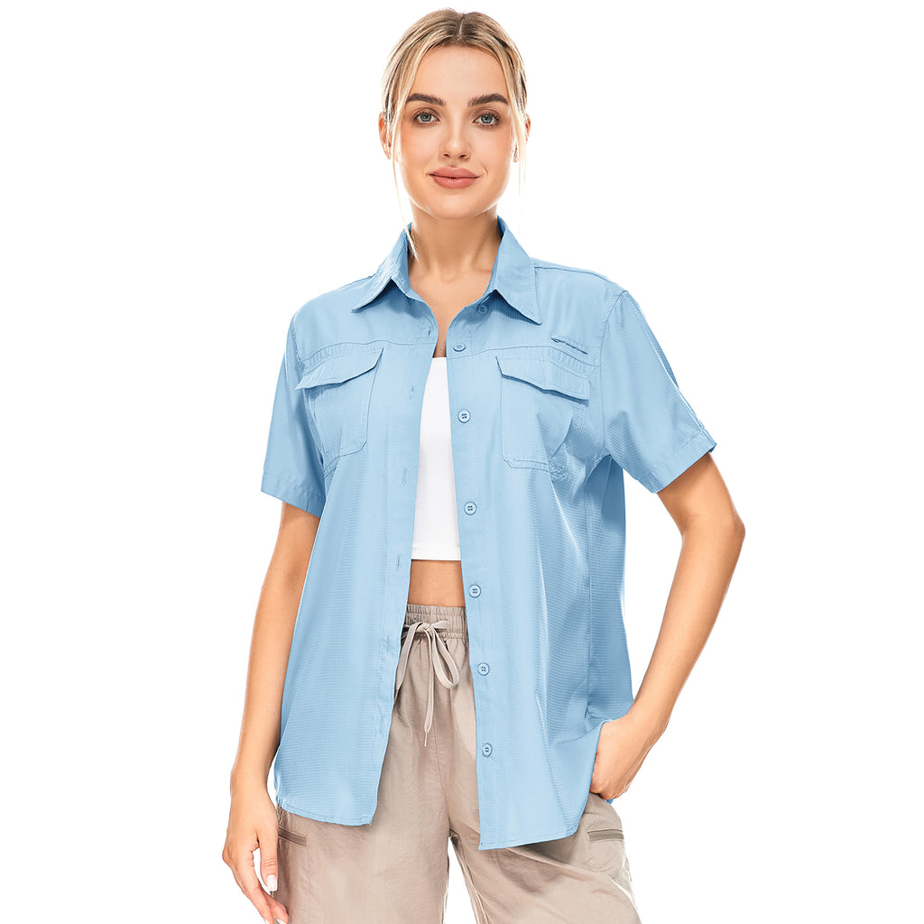 Asfixiado Women Sun Protection Short Sleeve Shirts for Travel Fishing Work Quick Dry Summer Tops Safari Hiking Blouse