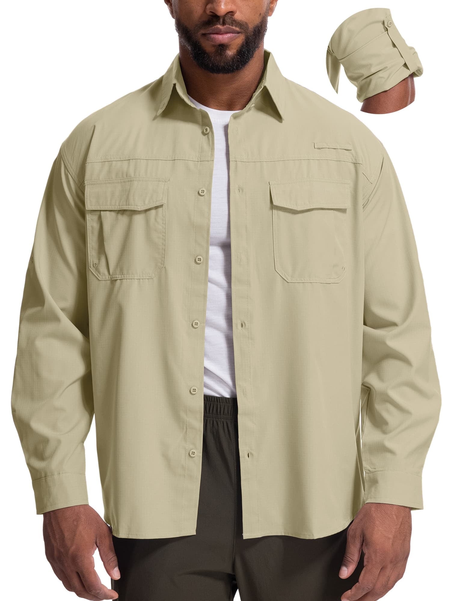 FEN AI Mens Button Long Sleeve Shirts for Fall Safari Fishing with 2 Pockets UPF 50+ Sun Shirts Men Casual Tops Khaki