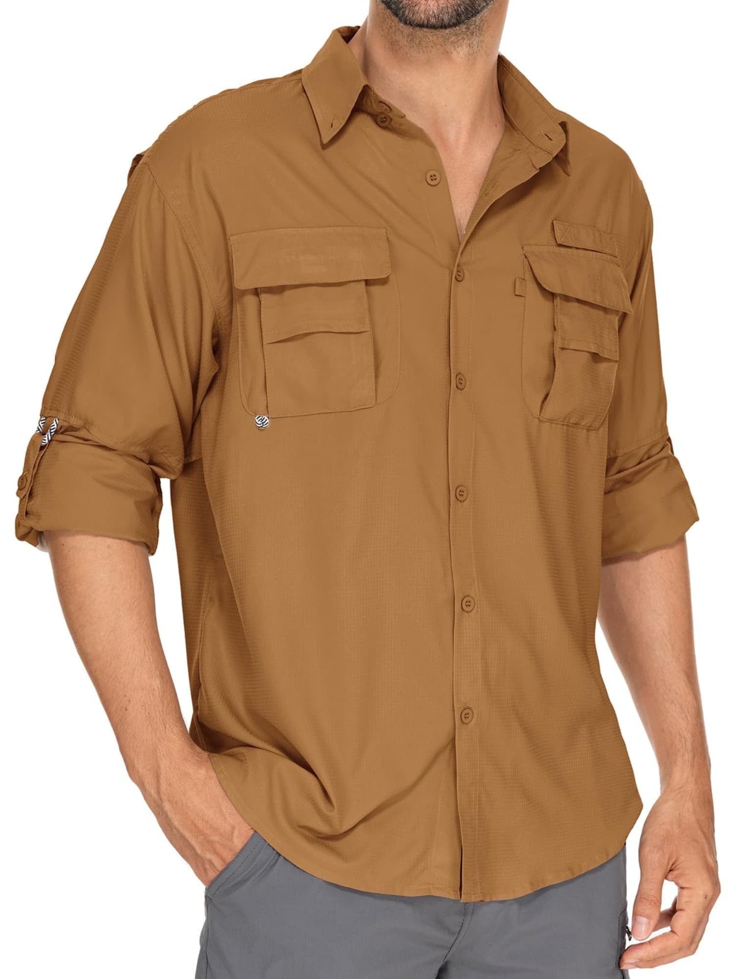 FEN AI Mens Work Shirts Long Sleeve Hiking Fishing UV Shirt Quick Dry Tops Convertible Short Sleeve Shirts Men for Travel Outdoor Safari Khaki