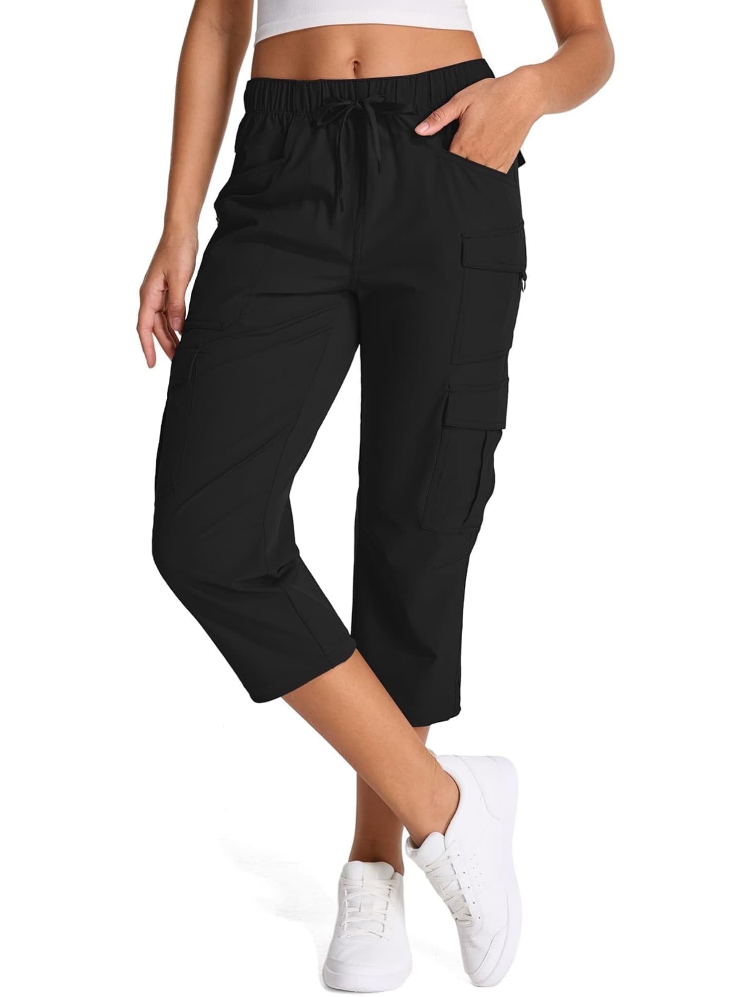 FEN AI Womens Cargo Capri with 8 Pockets Lightweight Quick Dry Hiking Summer Pants for Travel Casual Trousers Black