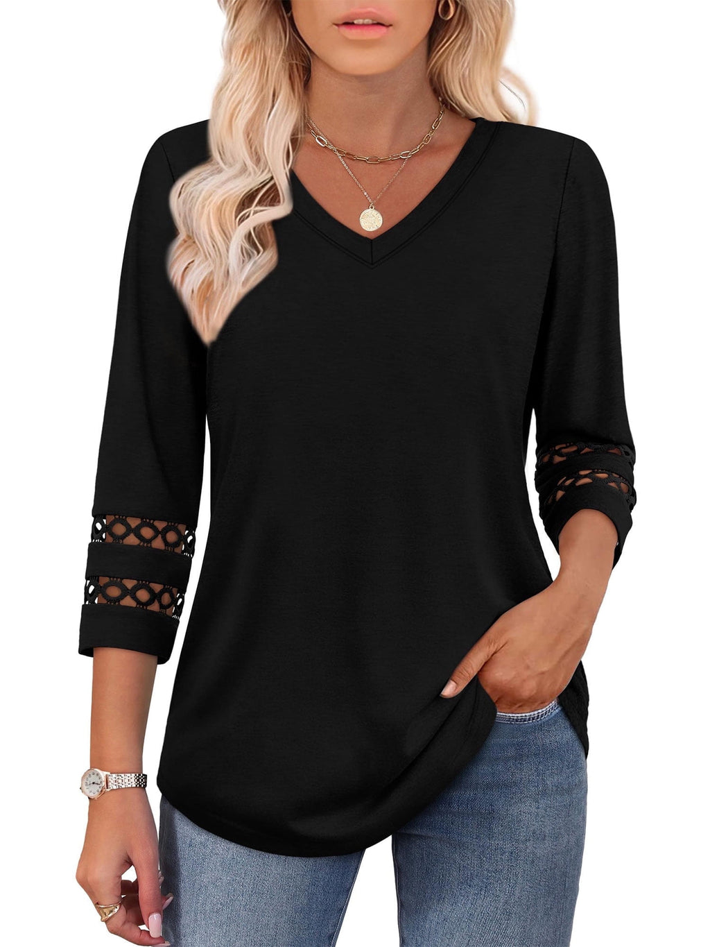 POENTAB Blouses for Women V Neck 3/4 Sleeve Ladies Work Tops Dressy Casual 2026 Trendy T Shirts Summer Clothes