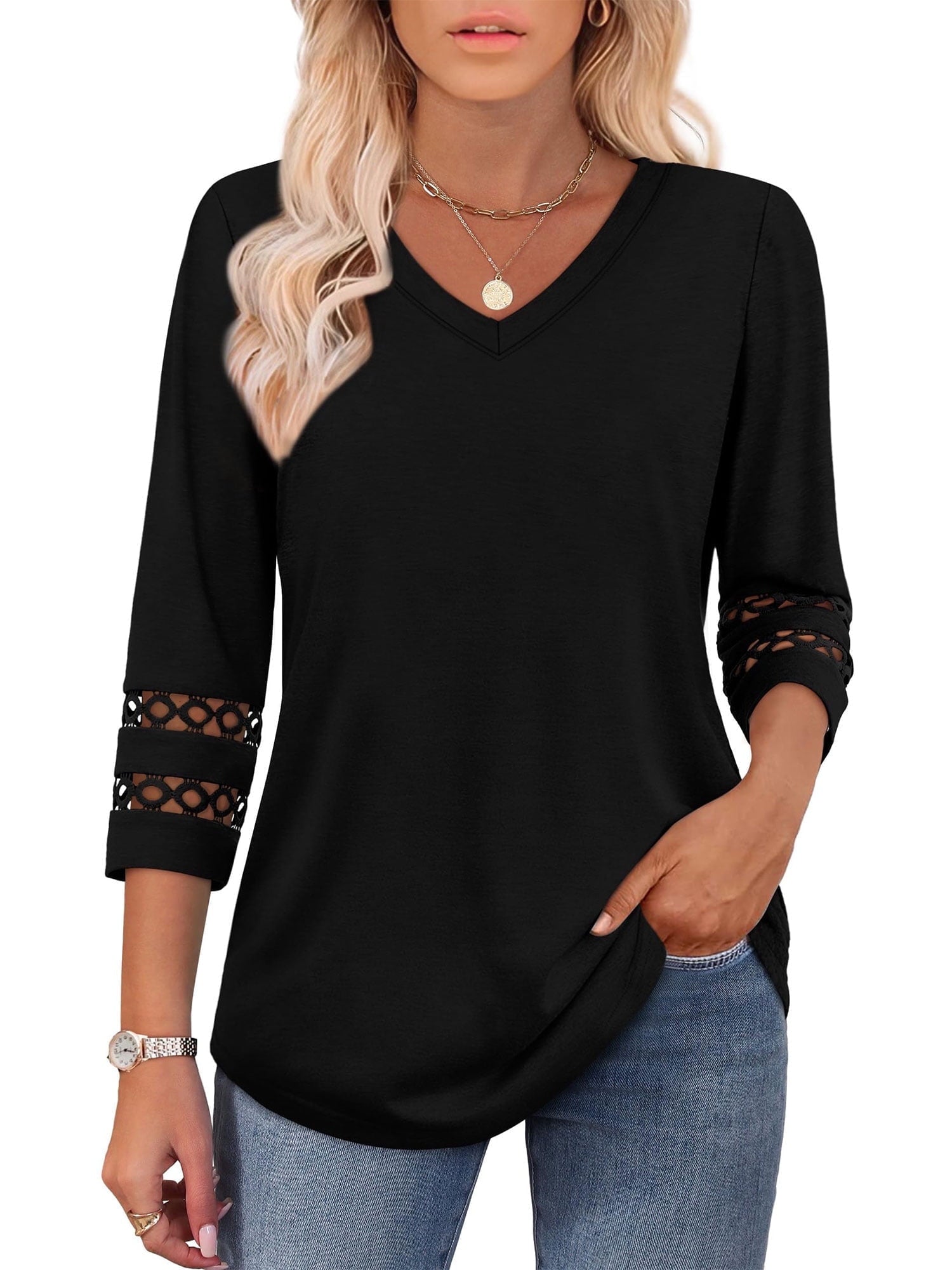 POENTAB Blouses for Women V Neck 3/4 Sleeve Ladies Work Tops Dressy Casual 2026 Trendy T Shirts Summer Clothes