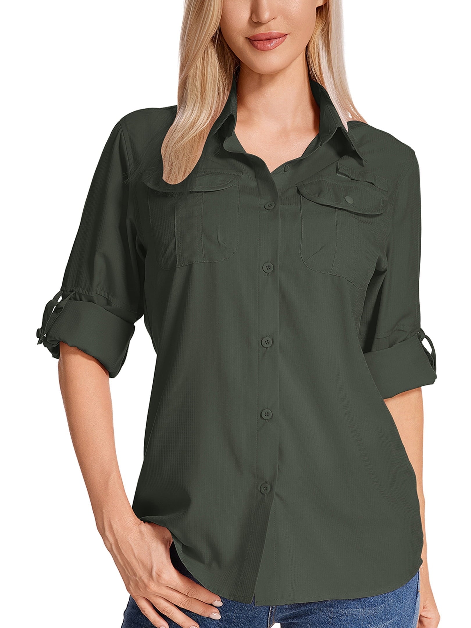 POENTAB Long Sleeve Casual Shirts for Women Button Down Hiking Fishing Gardening Shirt UPF 50+ UV Sun Protection Summer Fall Tops