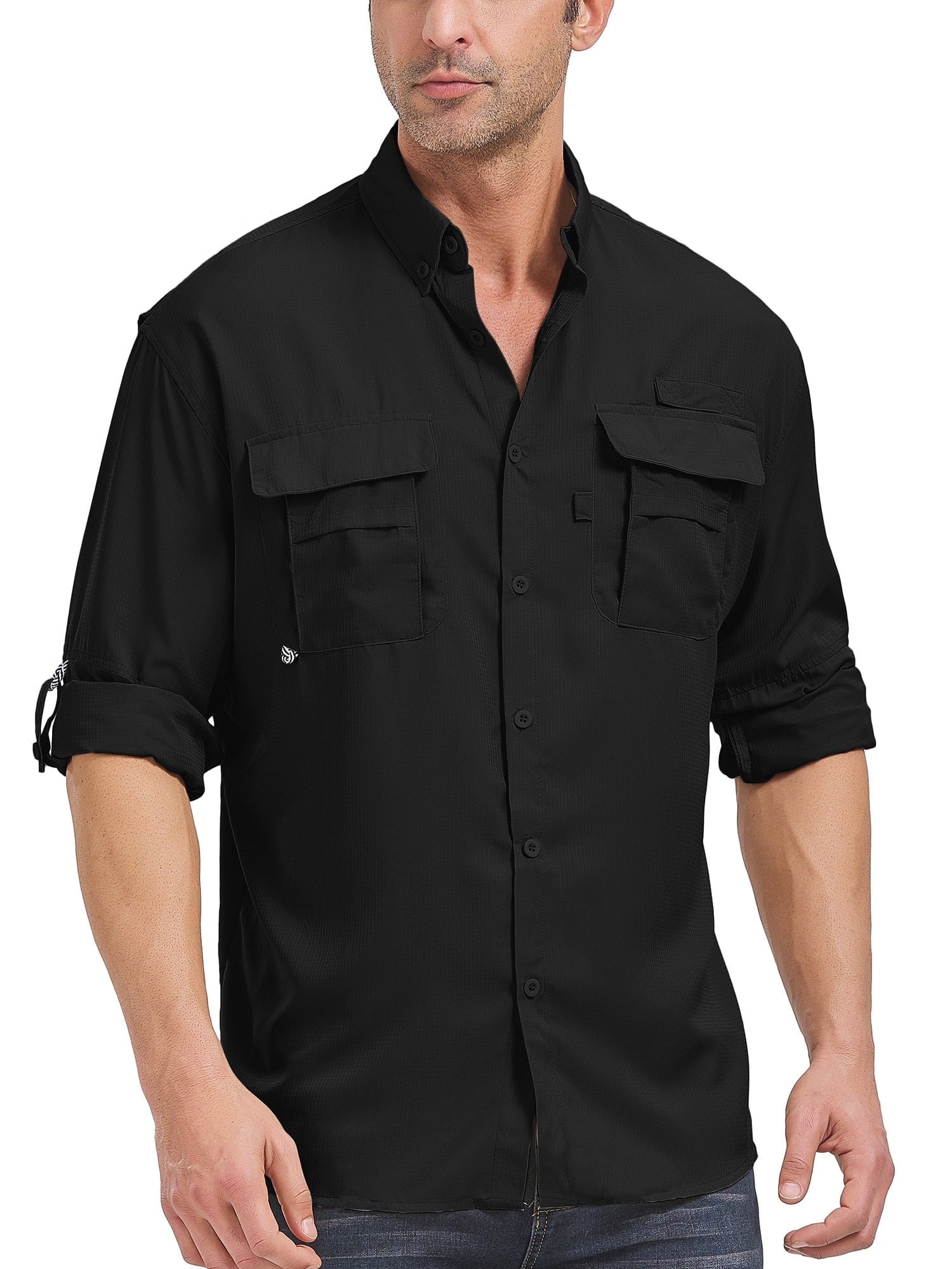 POENTAB Long Sleeve Fishing Shirts for Men Quick Dry Hiking Work Shirt Sun Protection UV UPF 50 Button Down Tops With Mesh Line Outdoor Safari