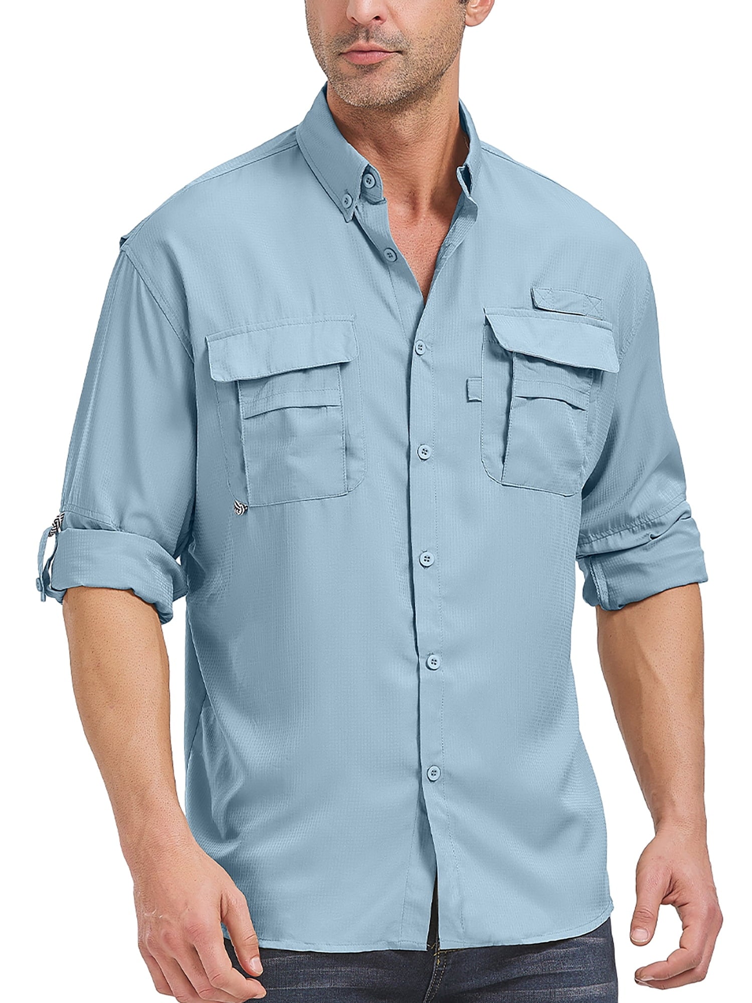 POENTAB Long Sleeve Fishing Shirts for Men Quick Dry Hiking Work Shirt Sun Protection UV UPF 50 Button Down Tops With Mesh Line Outdoor Safari