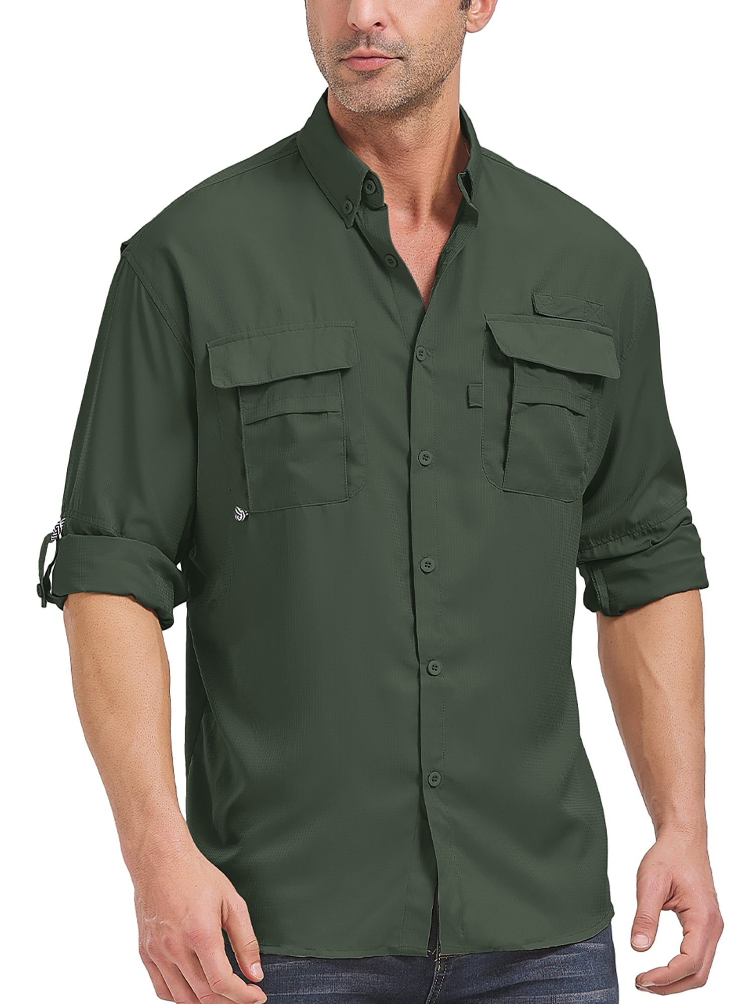 POENTAB Long Sleeve Fishing Shirts for Men Quick Dry Hiking Work Shirt Sun Protection UV UPF 50 Button Down Tops With Mesh Line Outdoor Safari