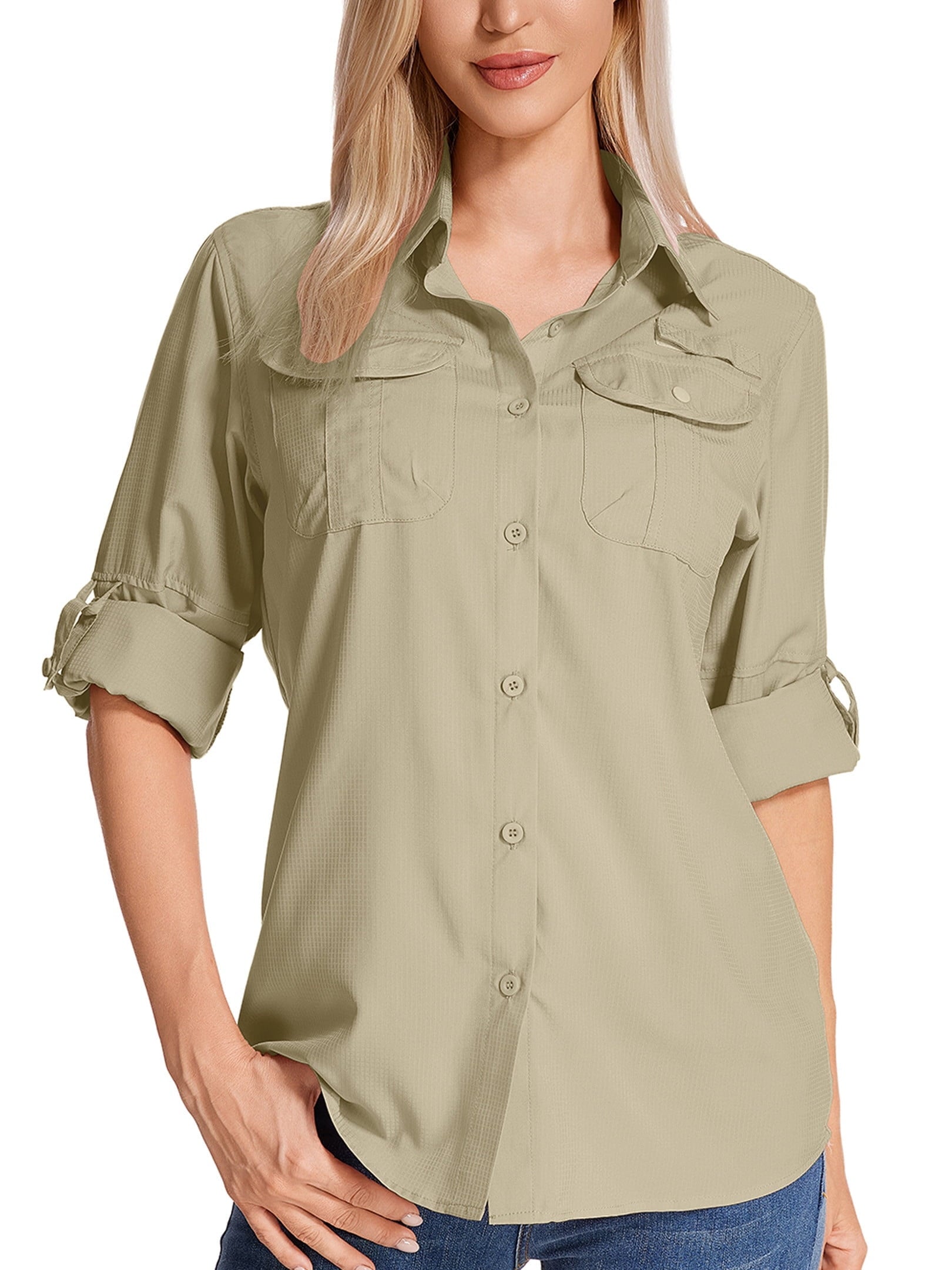 POENTAB Long Sleeve Casual Shirts for Women Button Down Hiking Fishing Gardening Shirt UPF 50+ UV Sun Protection Summer Fall Tops