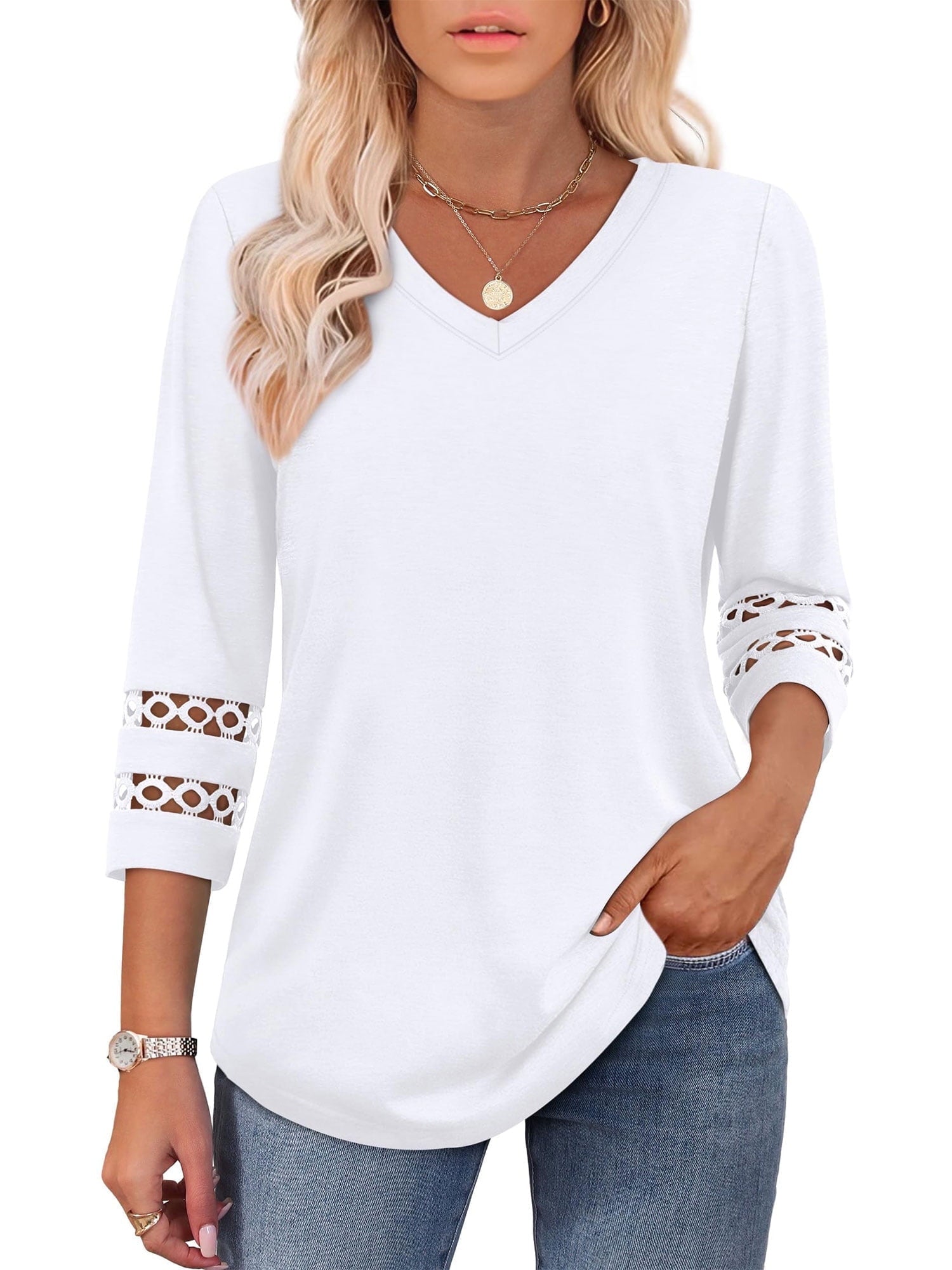 POENTAB Blouses for Women V Neck 3/4 Sleeve Ladies Work Tops Dressy Casual 2026 Trendy T Shirts Summer Clothes