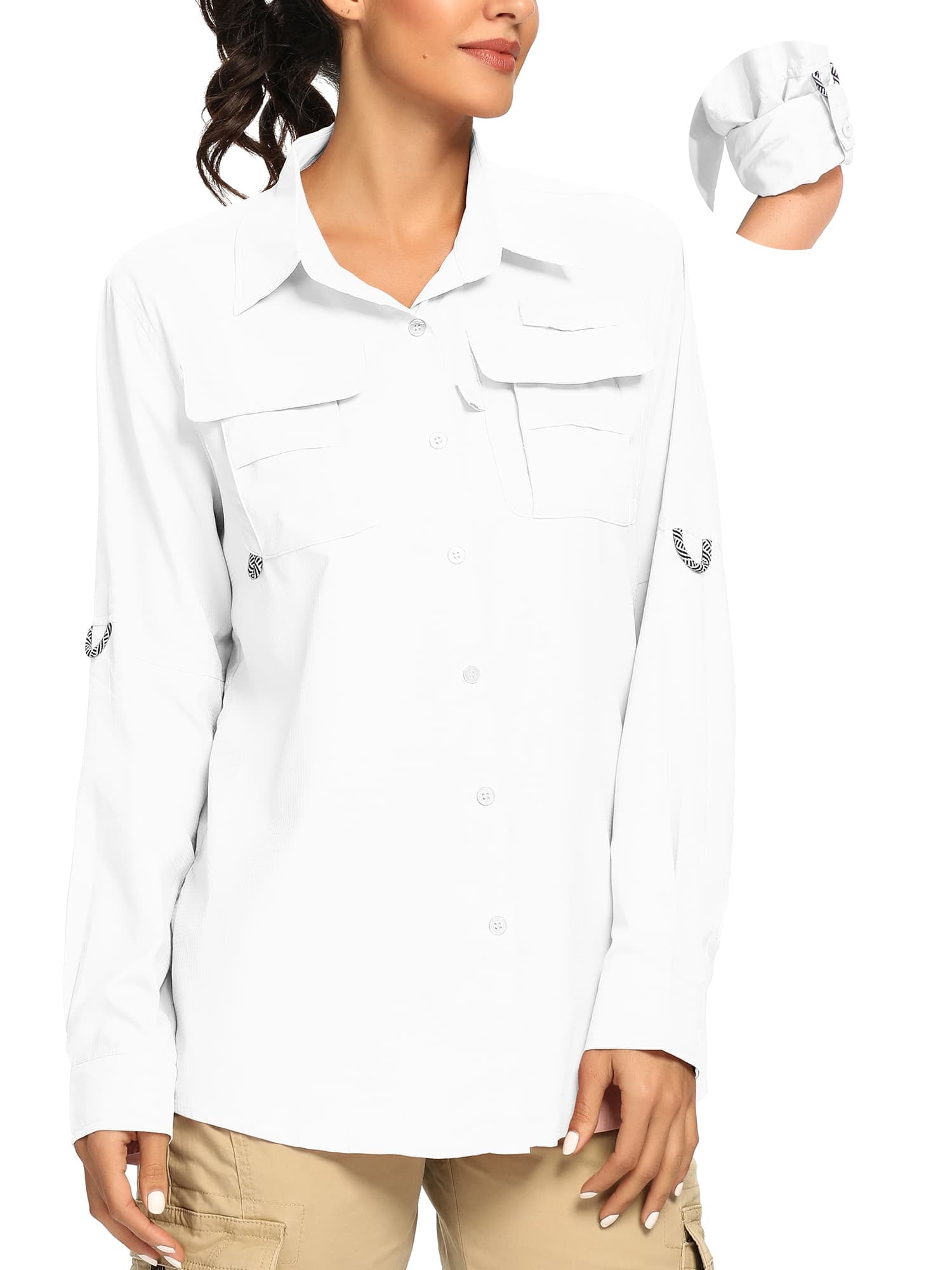 FEN AI Khaki Fishing Shirts Women Quick Dry Hiking Work Shirt Sun Protection UV UPF 50 Button Down Tops w/ Mesh Line Outdoor Safari with 2 Pockets