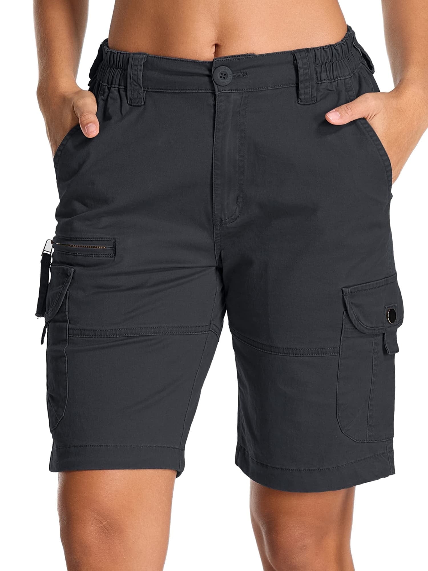 FEN AI Womens Bermuda Cargo Shorts Black with 7 Pockets Elastic High Waist Casual Summer Shorts for Ladies Travel Outdoor Wear