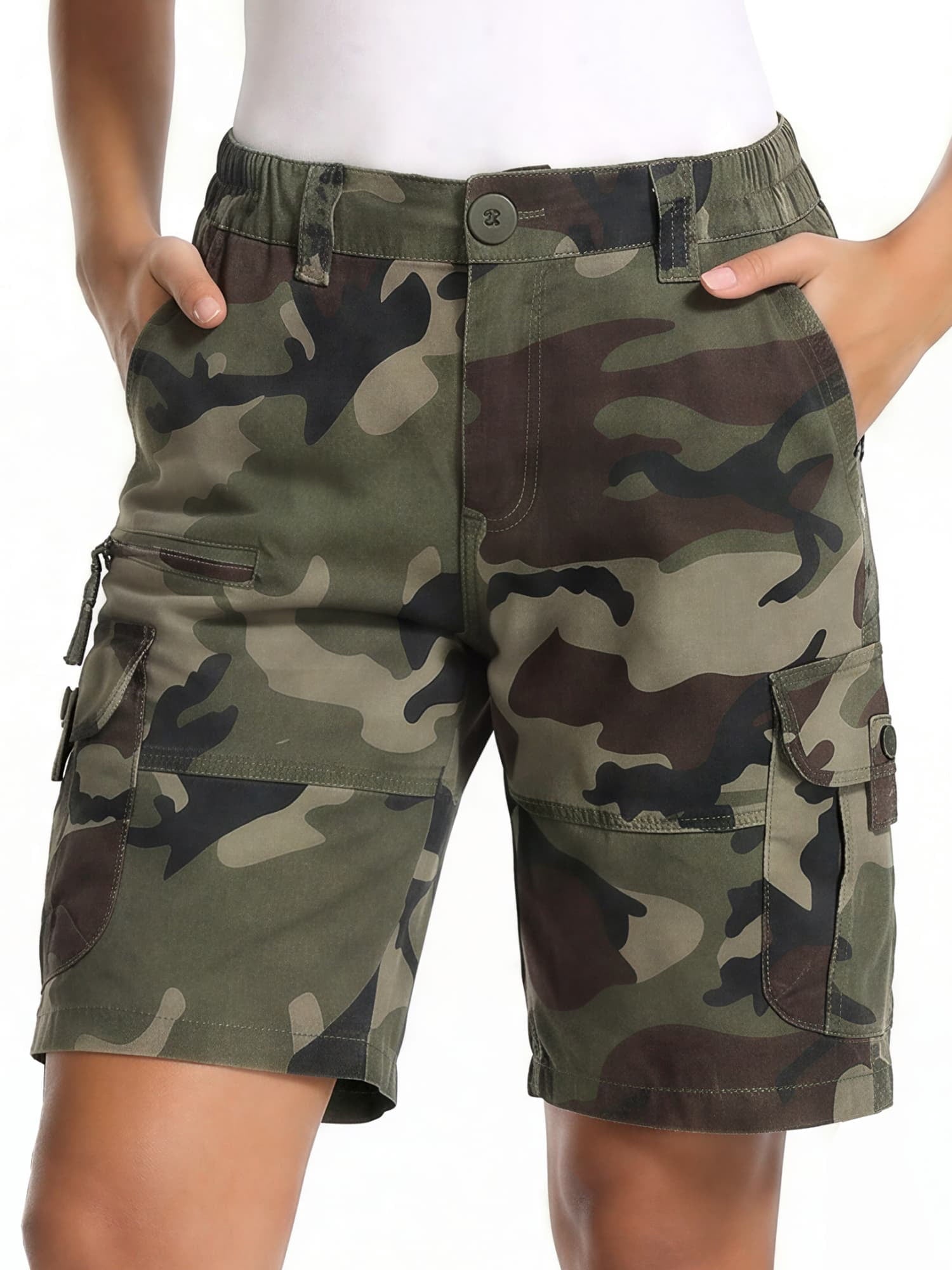 FEN AI Womens Bermuda Cargo Shorts Black with 7 Pockets Elastic High Waist Casual Summer Shorts for Ladies Travel Outdoor Wear