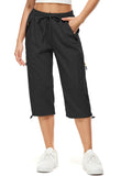 FEN AI Womens Black Cargo Capris Pants with 5 Zipper Pockets Lightweight Quick Dry Travel Hiking Casual Summer Long Shorts for Ladies