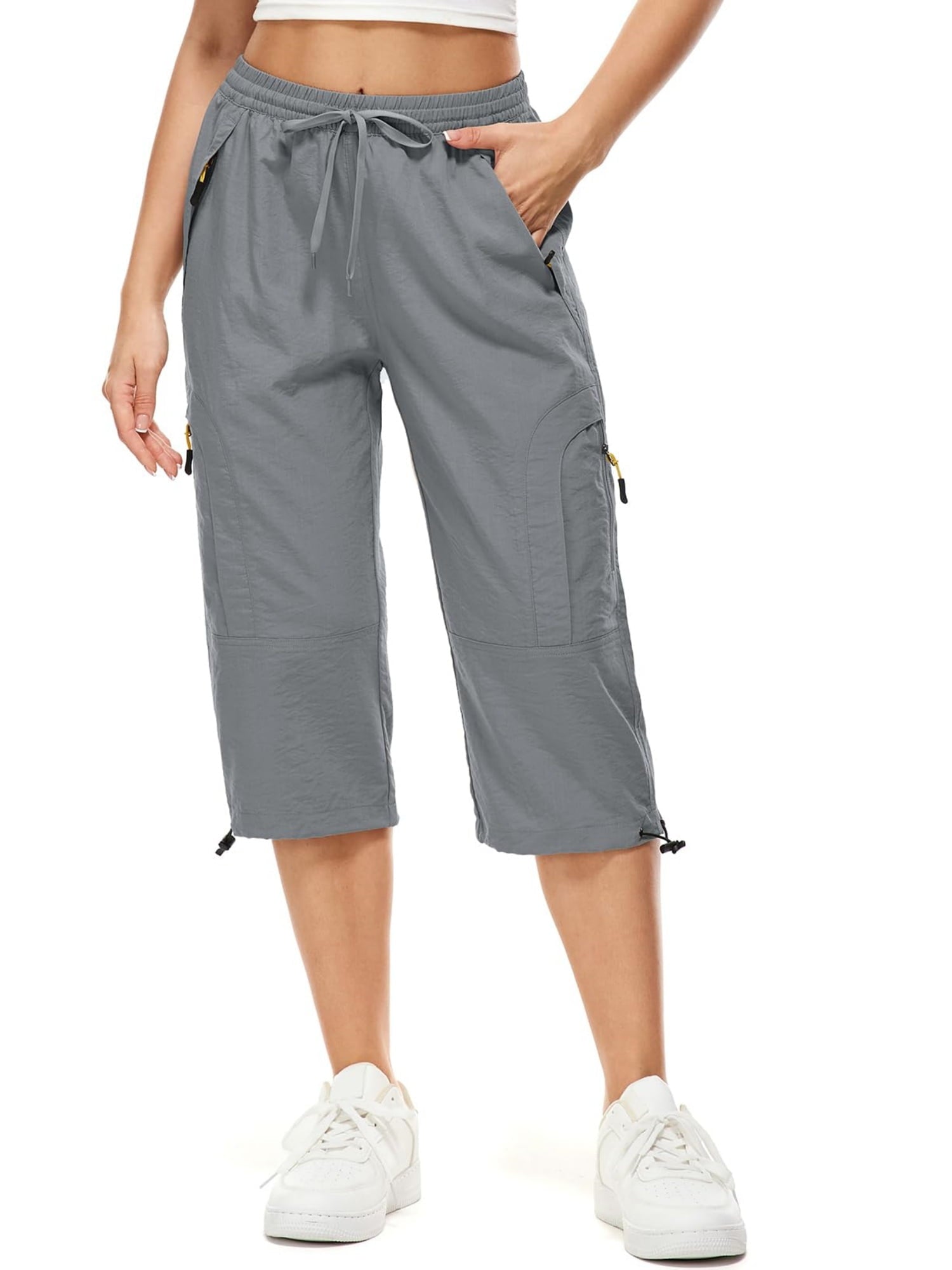 FEN AI Womens Black Cargo Capris Pants with 5 Zipper Pockets Lightweight Quick Dry Travel Hiking Casual Summer Long Shorts for Ladies