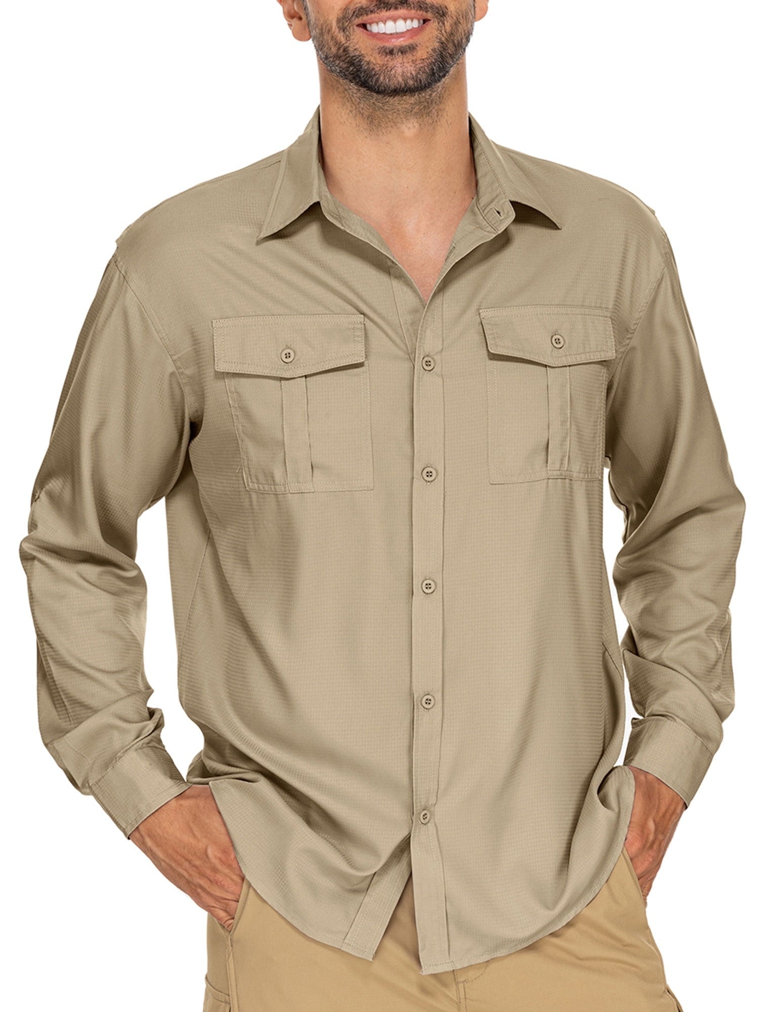POENTAB Mens Safari Work Shirts Long Sleeve Hiking Fishing Tops UPF 50+ Quick Dry Camping Travel Button Down Shirt with Pockets