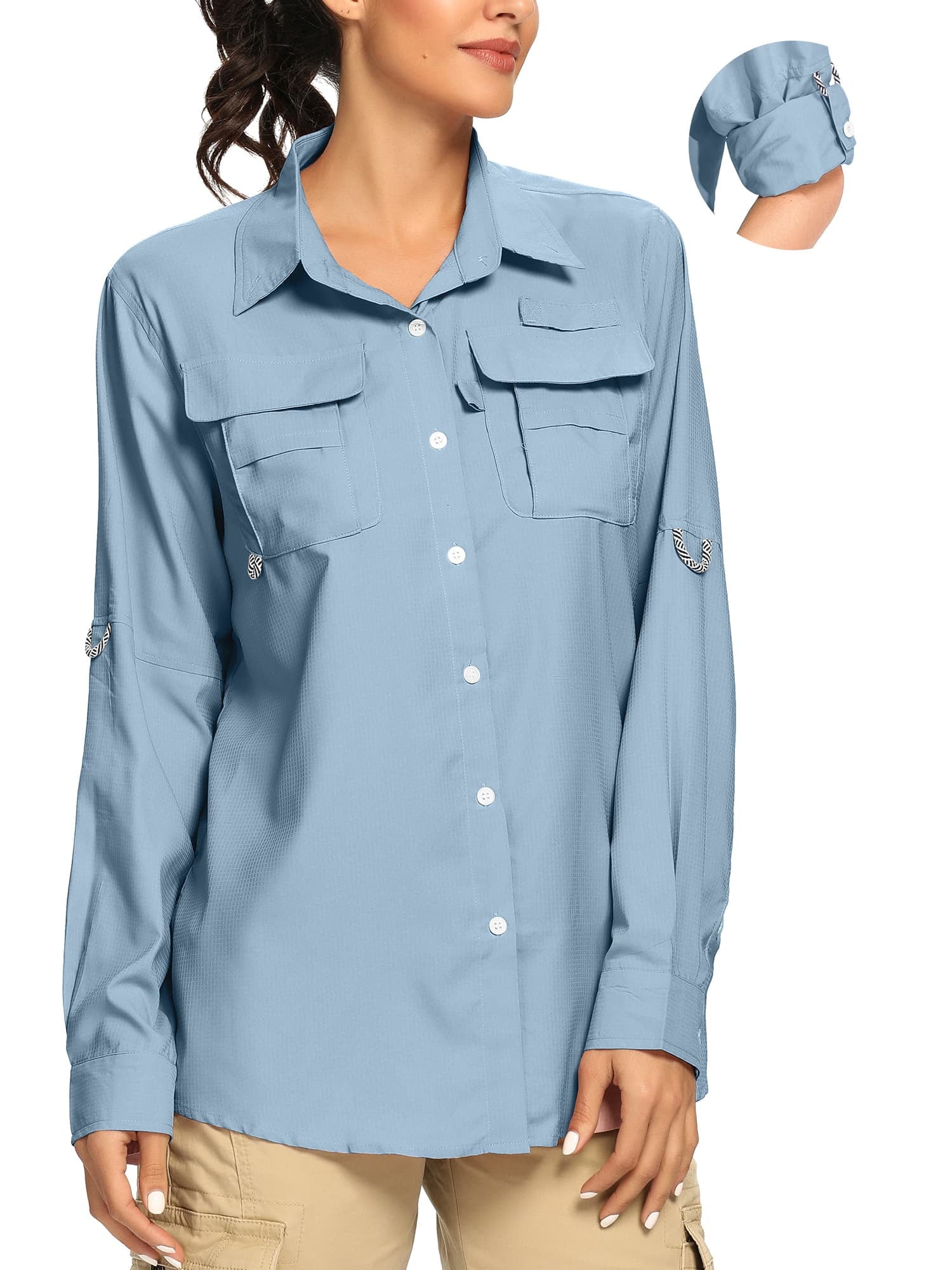 FEN AI Khaki Fishing Shirts Women Quick Dry Hiking Work Shirt Sun Protection UV UPF 50 Button Down Tops w/ Mesh Line Outdoor Safari with 2 Pockets