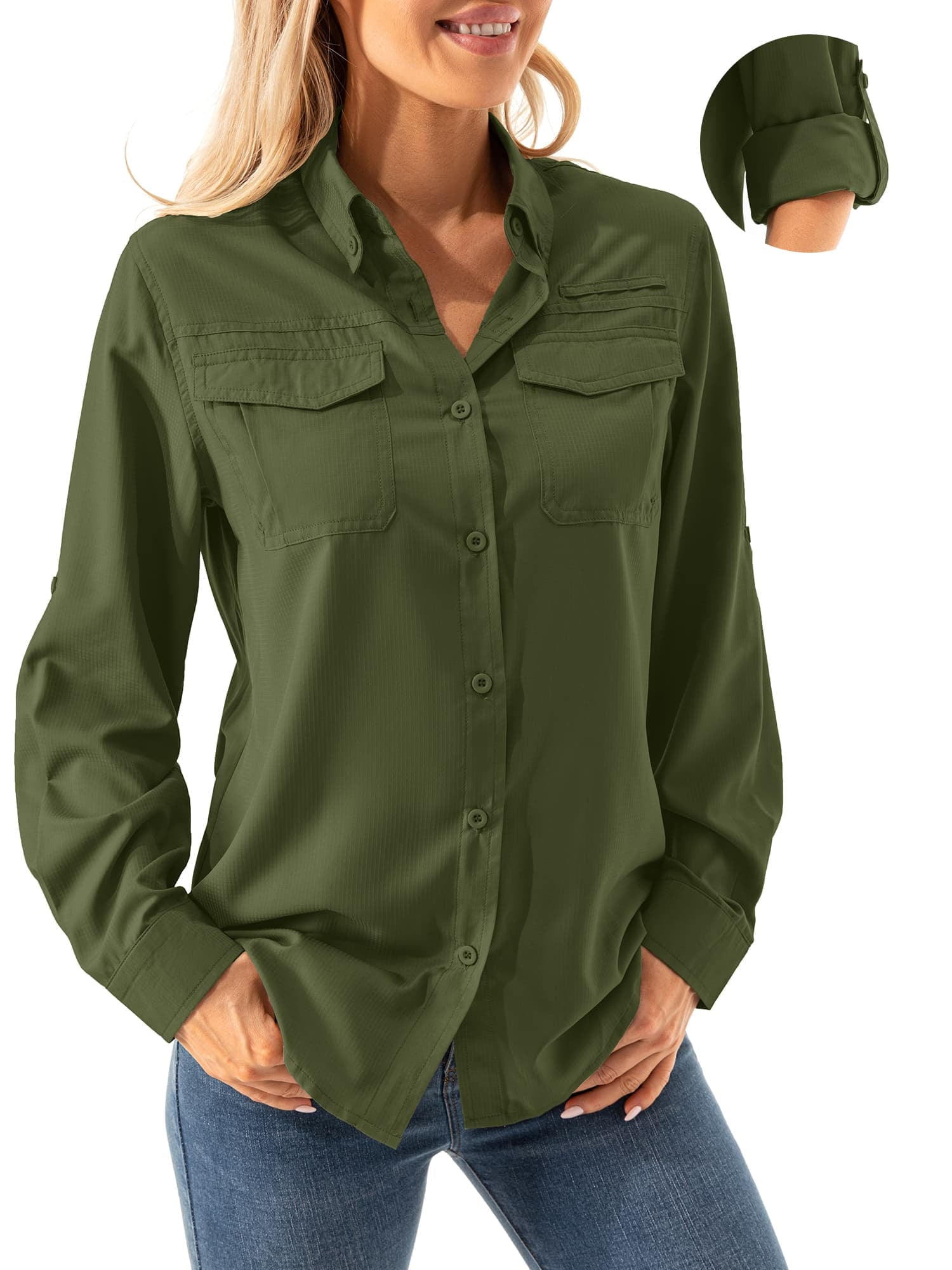 FEN AI Women Button Casual Loose Tops Collared Long Sleeve Solid Color Shirts Summer Fall Outfits with Pockets Army Green