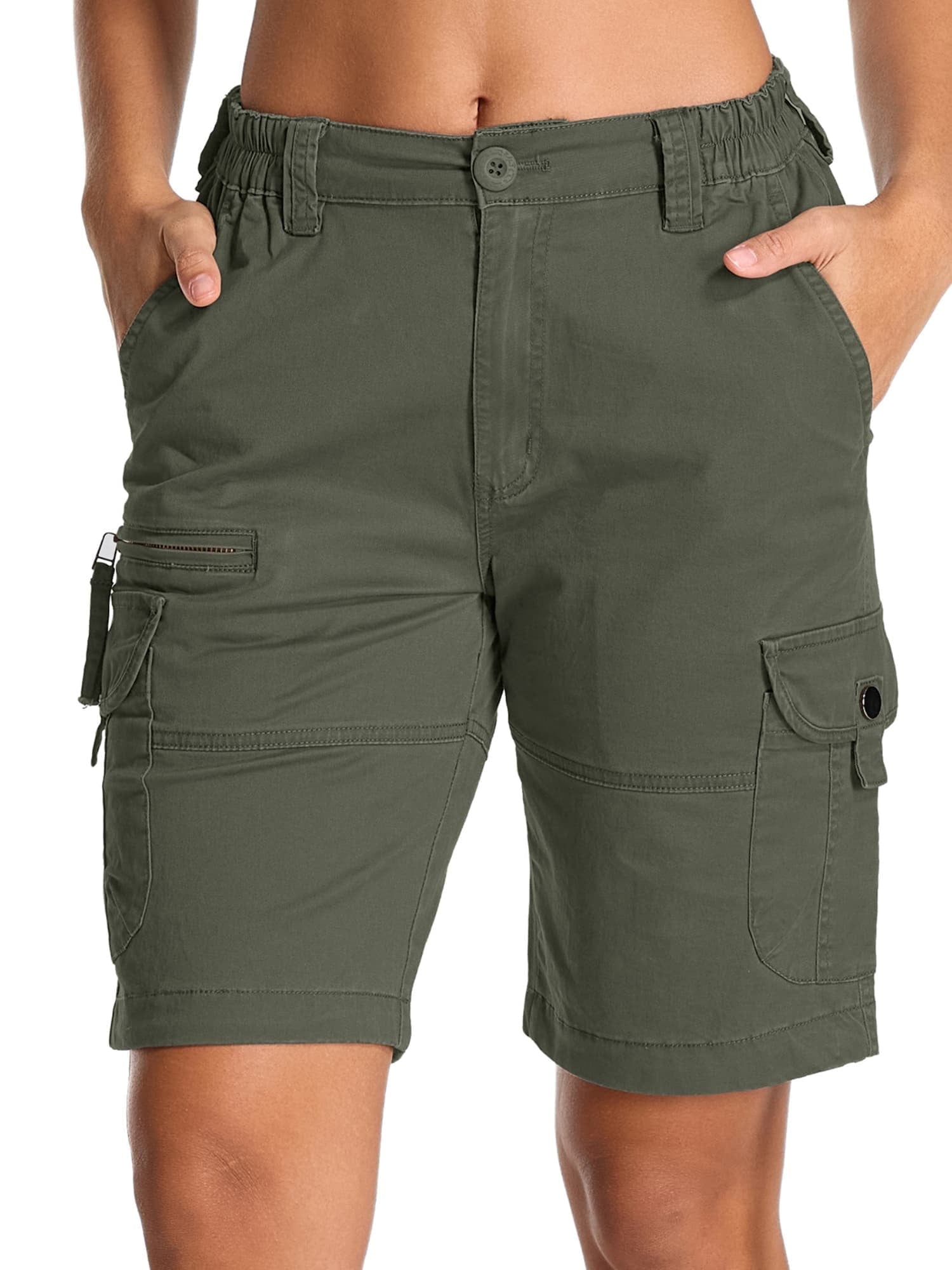 FEN AI Womens Bermuda Cargo Shorts Black with 7 Pockets Elastic High Waist Casual Summer Shorts for Ladies Travel Outdoor Wear