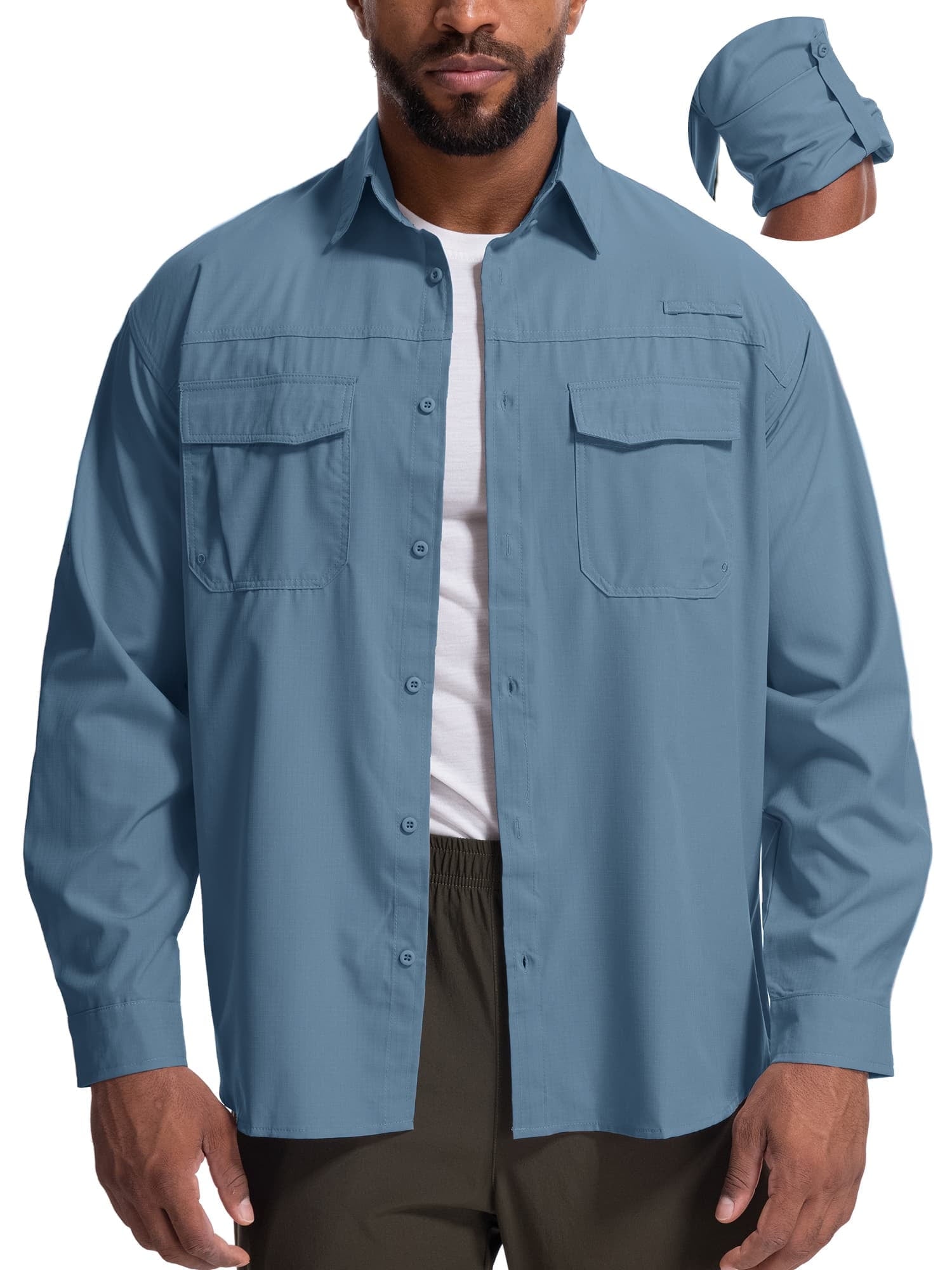 FEN AI Mens Button Long Sleeve Shirts for Fall Safari Fishing with 2 Pockets UPF 50+ Sun Shirts Men Casual Tops Khaki