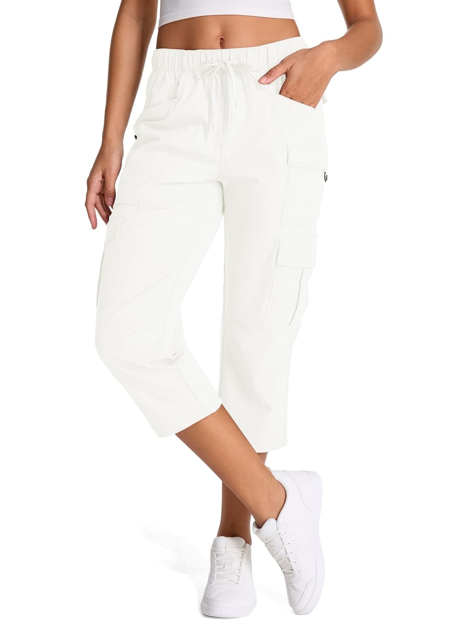 FEN AI Womens Cargo Capri with 8 Pockets Lightweight Quick Dry Hiking Summer Pants for Travel Casual Trousers Black