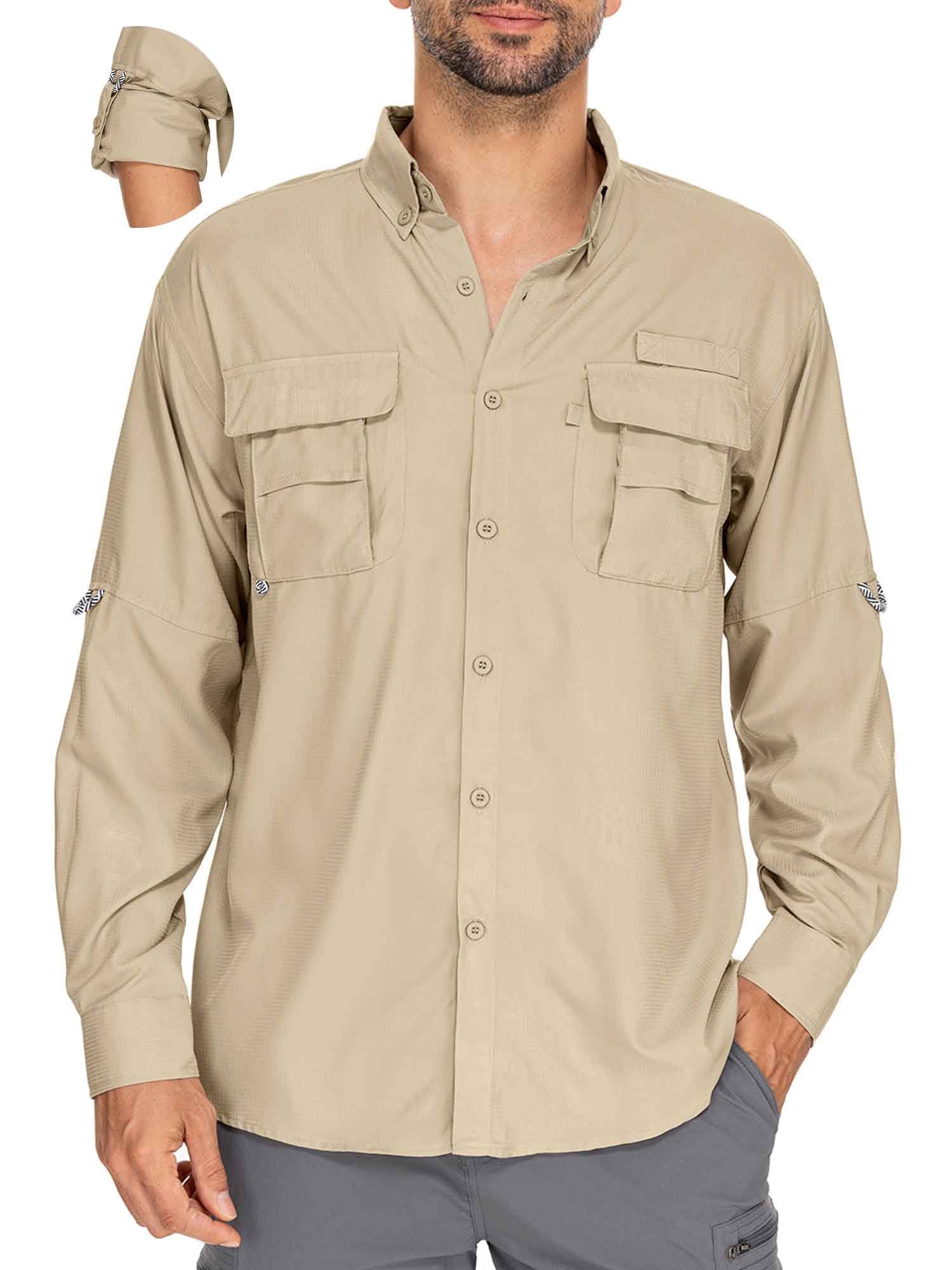 FEN AI Mens Work Shirts Long Sleeve Hiking Fishing UV Shirt Quick Dry Tops Convertible Short Sleeve Shirts Men for Travel Outdoor Safari Khaki