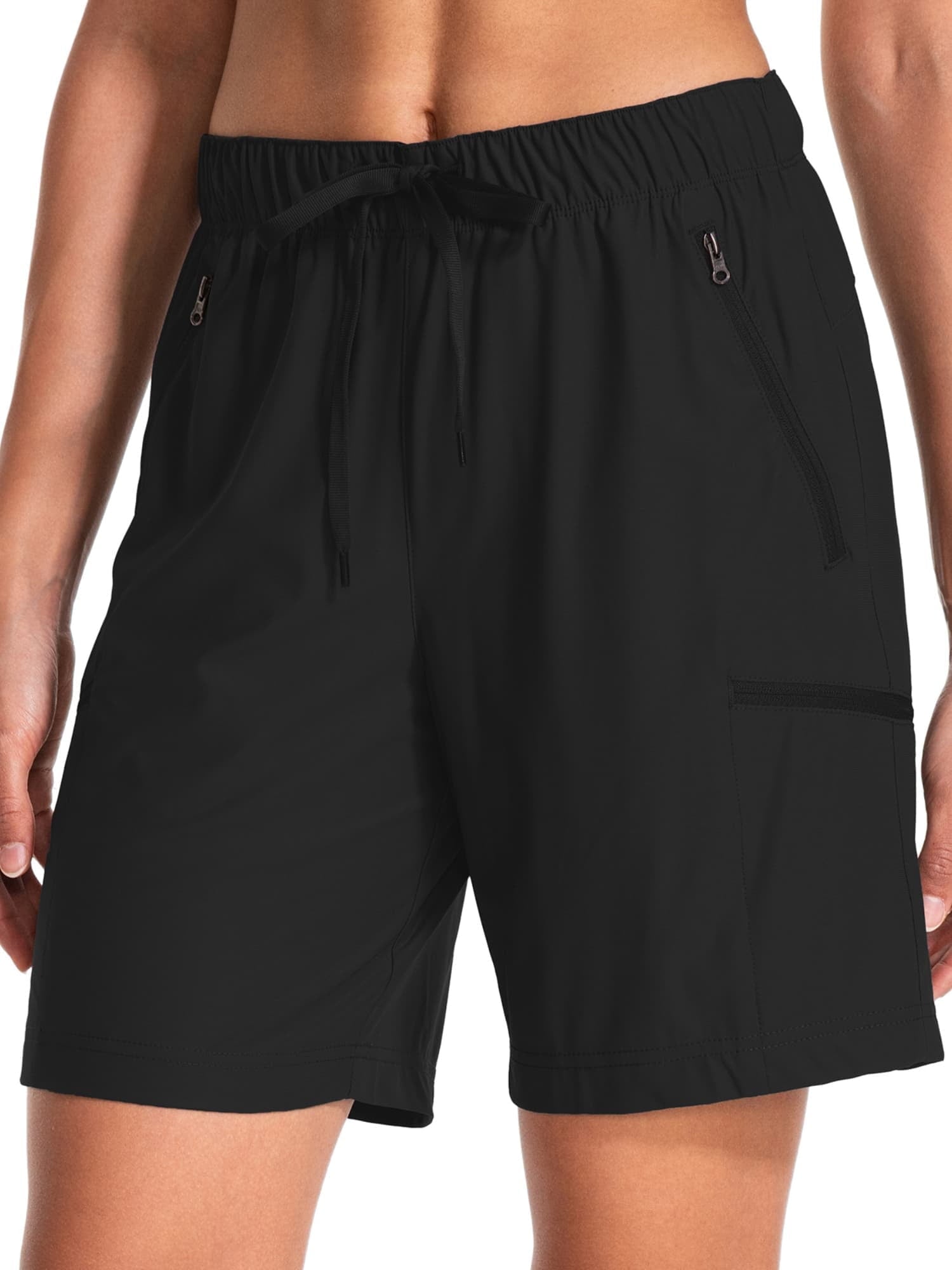 FEN AI Women's Hiking Black Cargo Shorts Quick Dry Lightweight Summer Shorts for Ladies Travel Outdoor Wear with Zipper Pockets