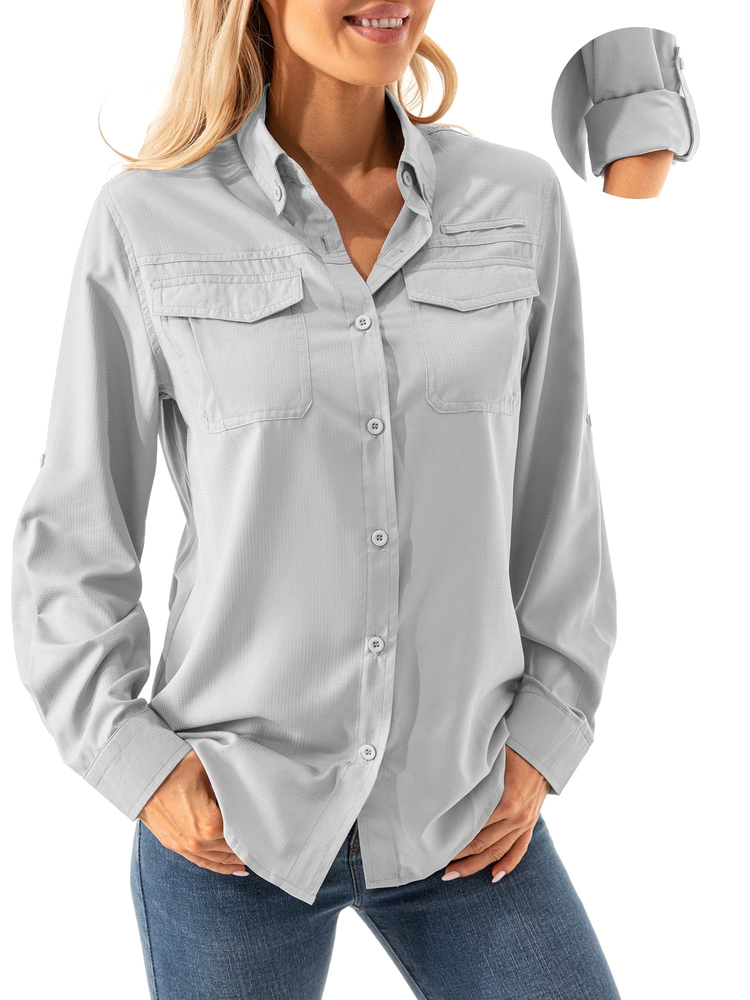 FEN AI Women Button Casual Loose Tops Collared Long Sleeve Solid Color Shirts Summer Fall Outfits with Pockets Army Green