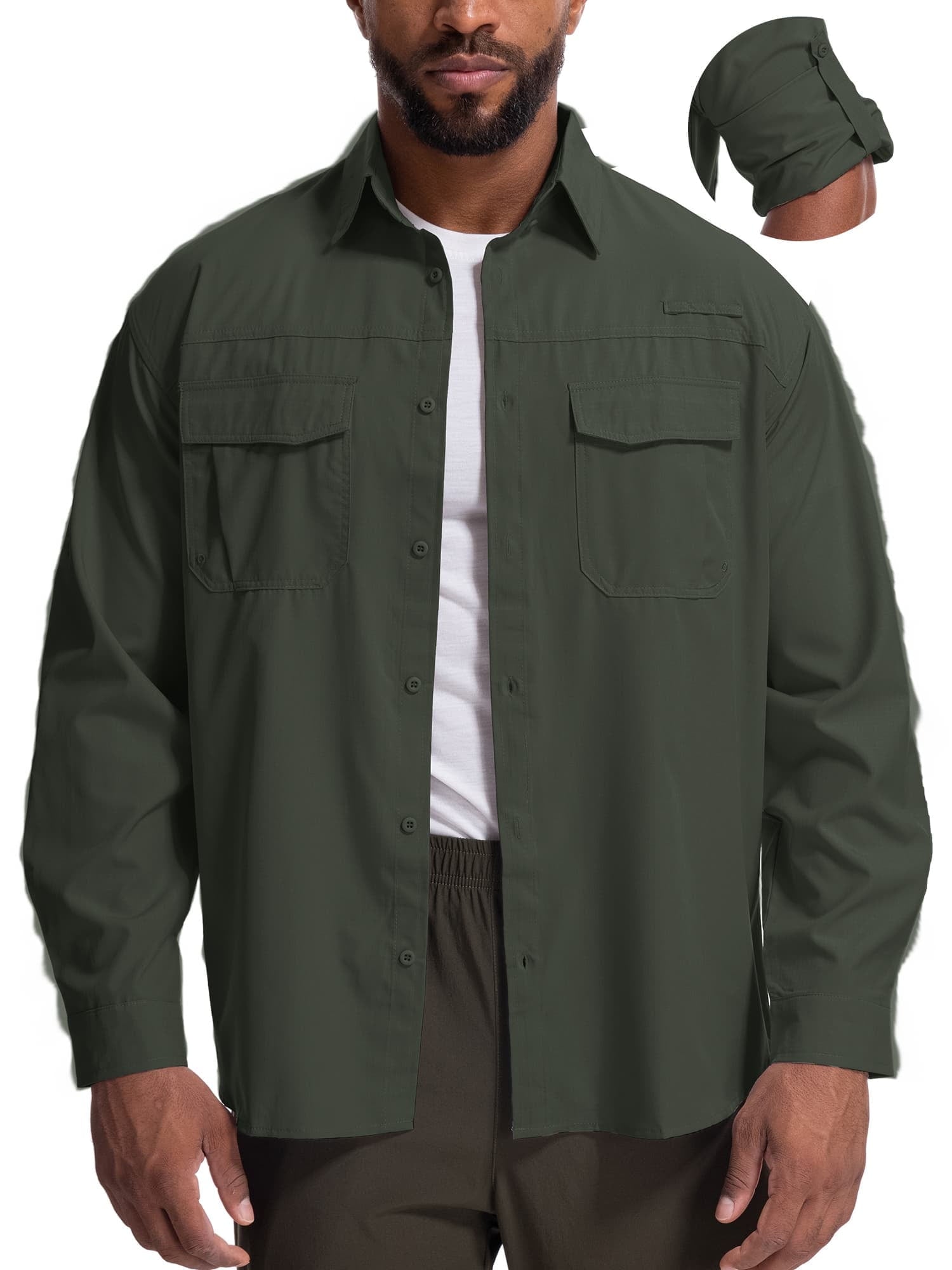 FEN AI Mens Button Long Sleeve Shirts for Fall Safari Fishing with 2 Pockets UPF 50+ Sun Shirts Men Casual Tops Khaki