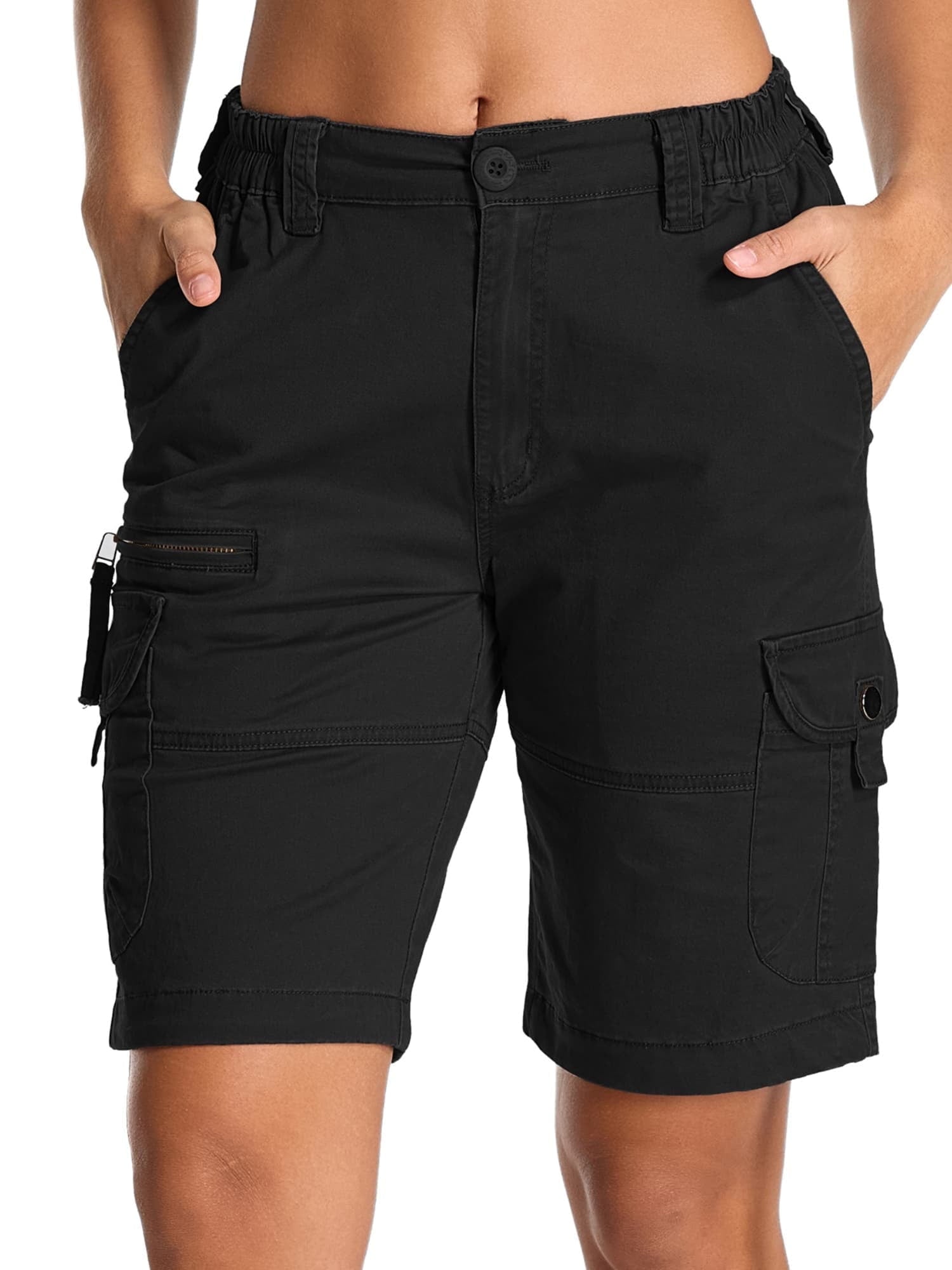 FEN AI Womens Bermuda Cargo Shorts Black with 7 Pockets Elastic High Waist Casual Summer Shorts for Ladies Travel Outdoor Wear