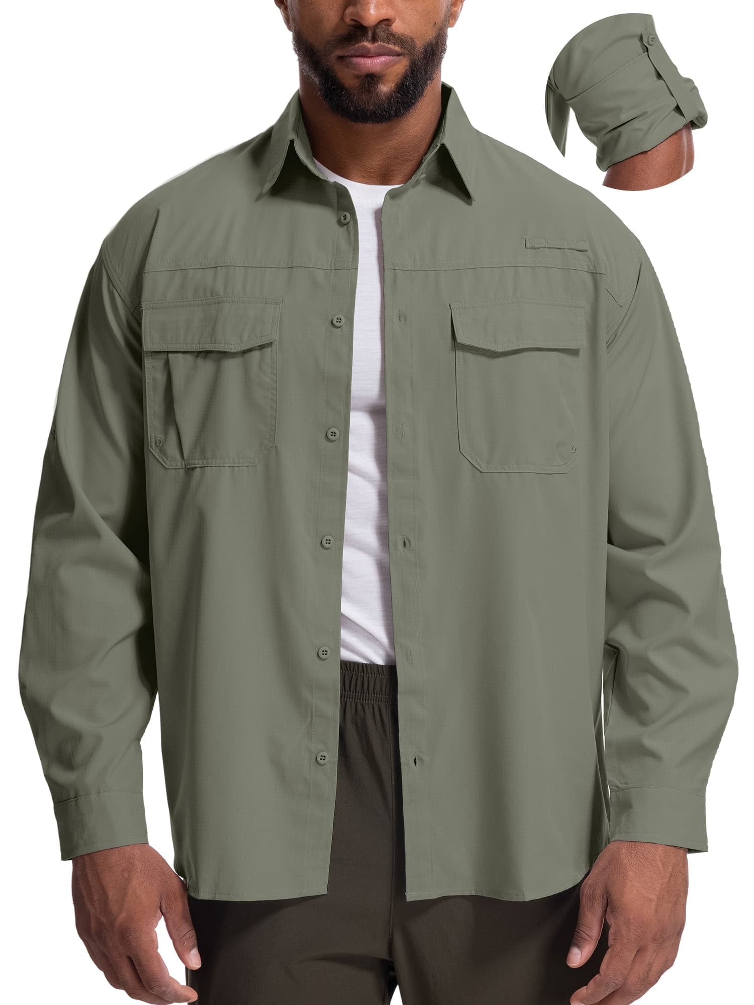 FEN AI Mens Button Long Sleeve Shirts for Fall Safari Fishing with 2 Pockets UPF 50+ Sun Shirts Men Casual Tops Khaki