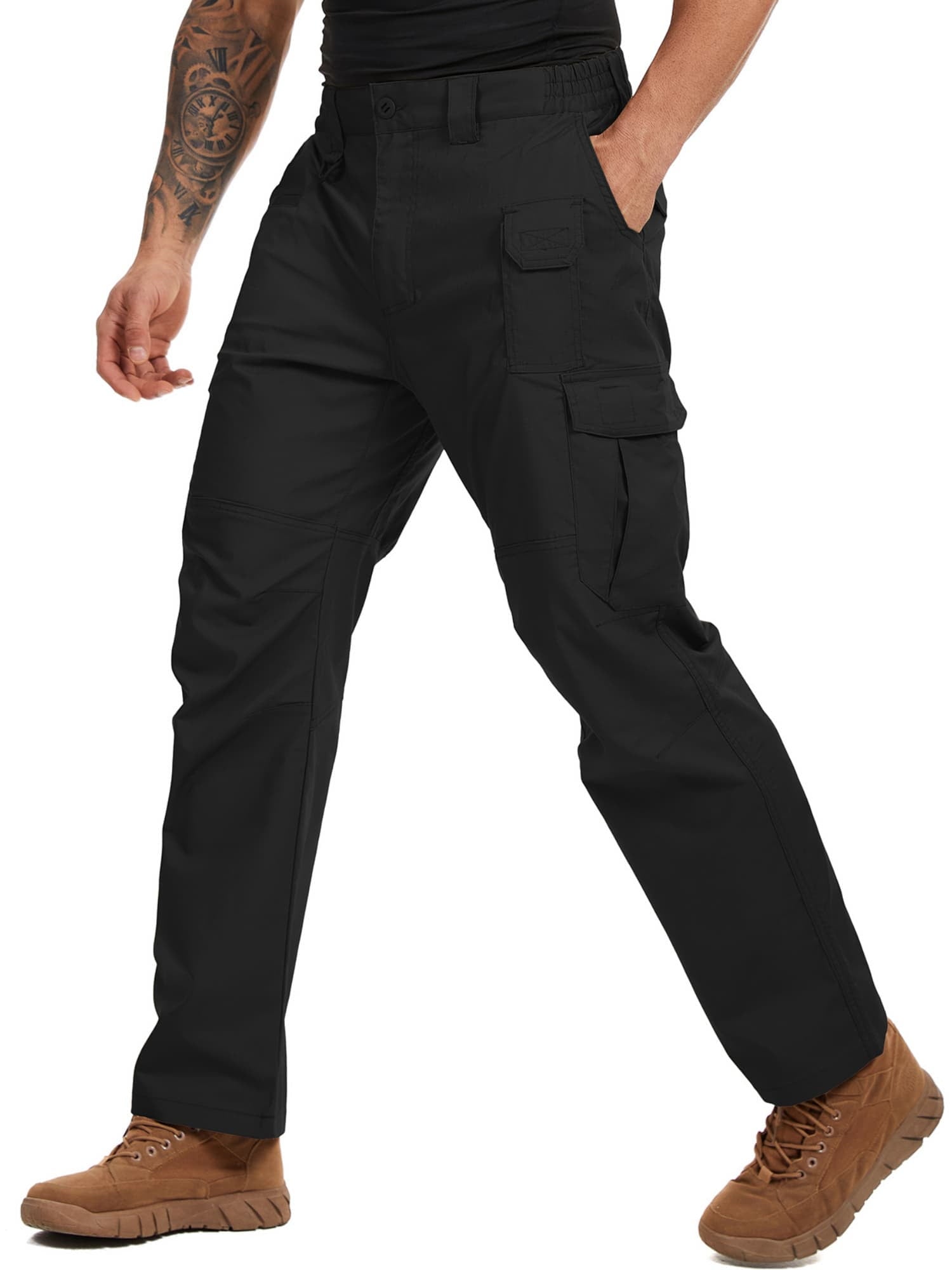 Asfixiado Men's Flex Cargo Pants Black Water Resistant Outdoor Trousers Ripstop Work Hiking Pants for Men with Multi Pockets