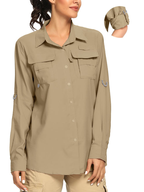 FEN AI Khaki Fishing Shirts Women Quick Dry Hiking Work Shirt Sun Protection UV UPF 50 Button Down Tops w/ Mesh Line Outdoor Safari with 2 Pockets