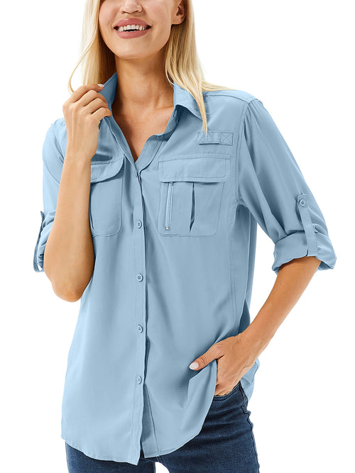 FEN AI Long Sleeve Casual Shirts for Women Button Down Quick Dry Hiking Fishing Gardening Shirt UPF 50+ UV Sun Protection Summer Fall Tops