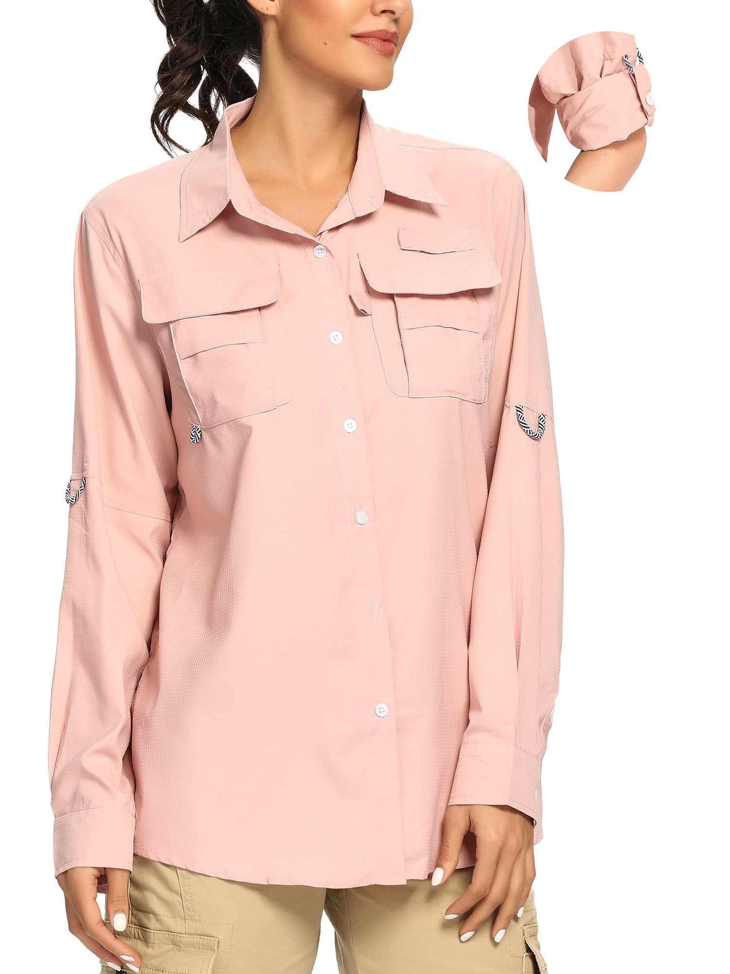 FEN AI Khaki Fishing Shirts Women Quick Dry Hiking Work Shirt Sun Protection UV UPF 50 Button Down Tops w/ Mesh Line Outdoor Safari with 2 Pockets