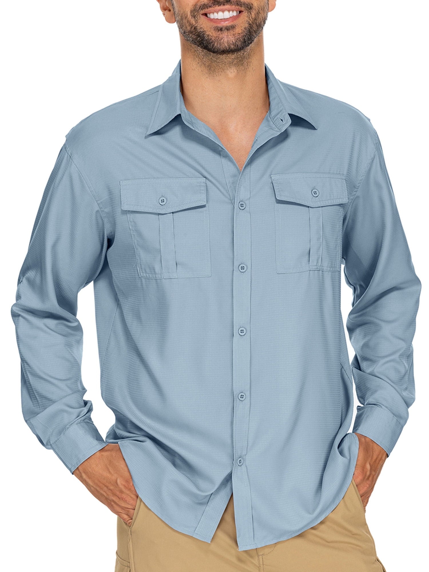 POENTAB Mens Safari Work Shirts Long Sleeve Hiking Fishing Tops UPF 50+ Quick Dry Camping Travel Button Down Shirt with Pockets