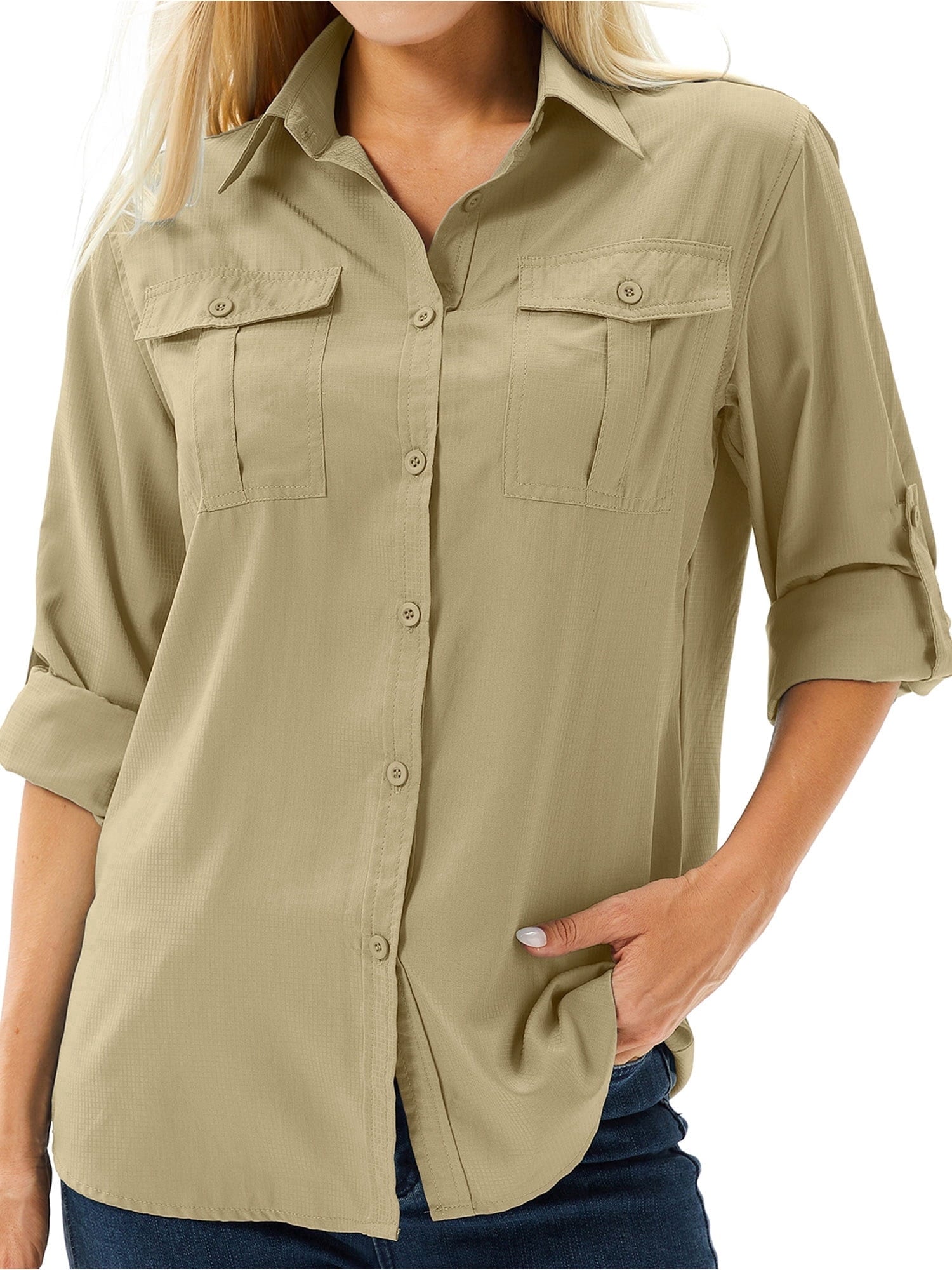 POENTAB Women's Button Down Safari Shirts UPF 10+ Long Sleeve UV Shirt Sun Protection Outdoor Quick Dry Fishing Hiking Travel Gardening Tops